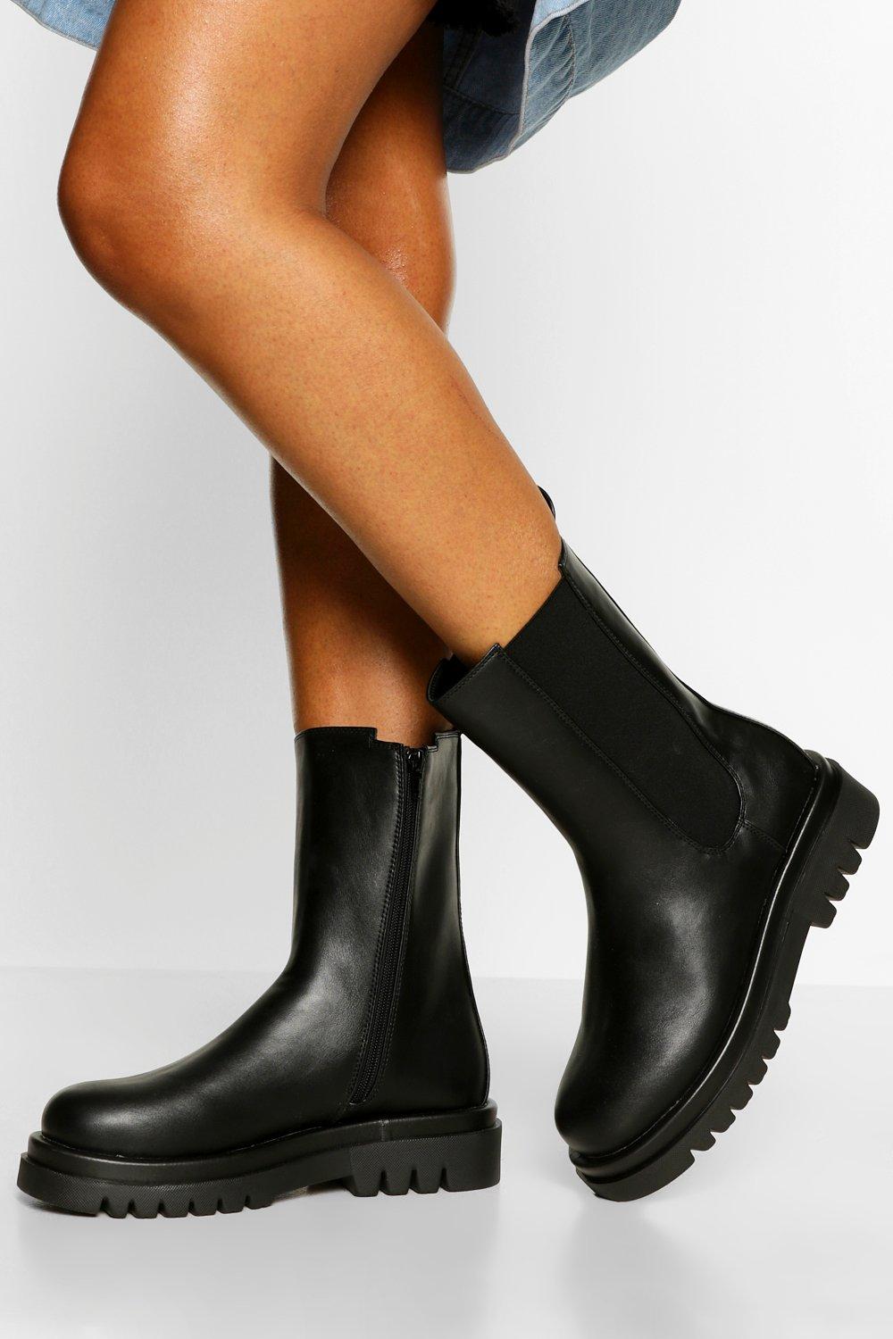 Womens Calf High Chunky Hiker Boots - Black - 6, Black