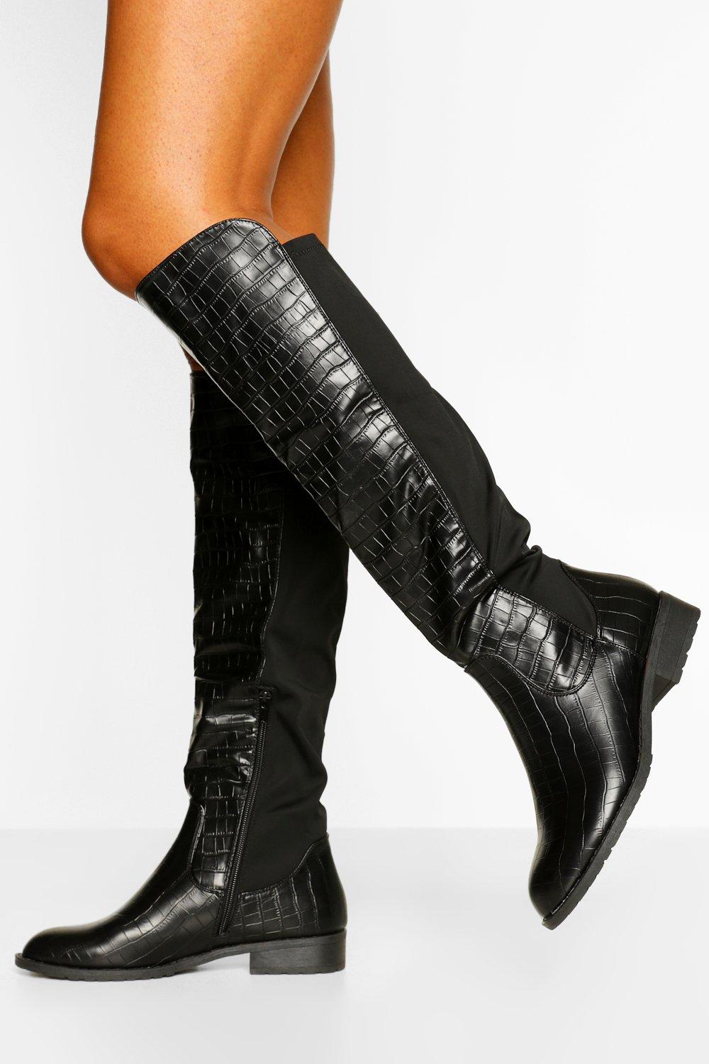 boohoo Womens Wider Calf Knee High Riding Boots - Black - 5, Black