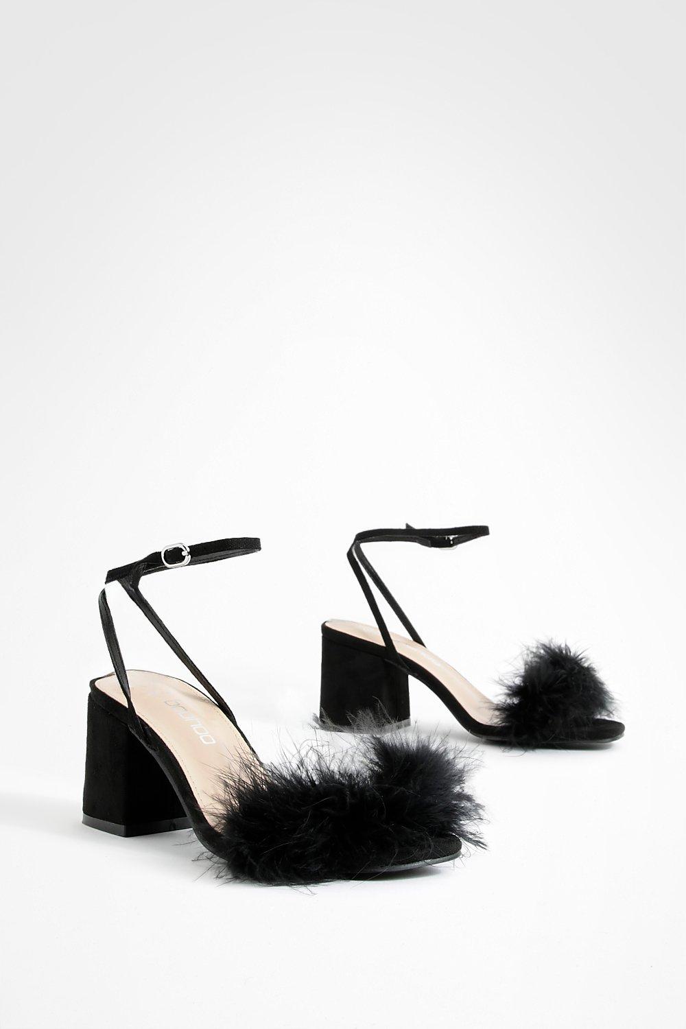 Womens Feather Strap Low Block Heel Two Parts - Black - 3, Black
