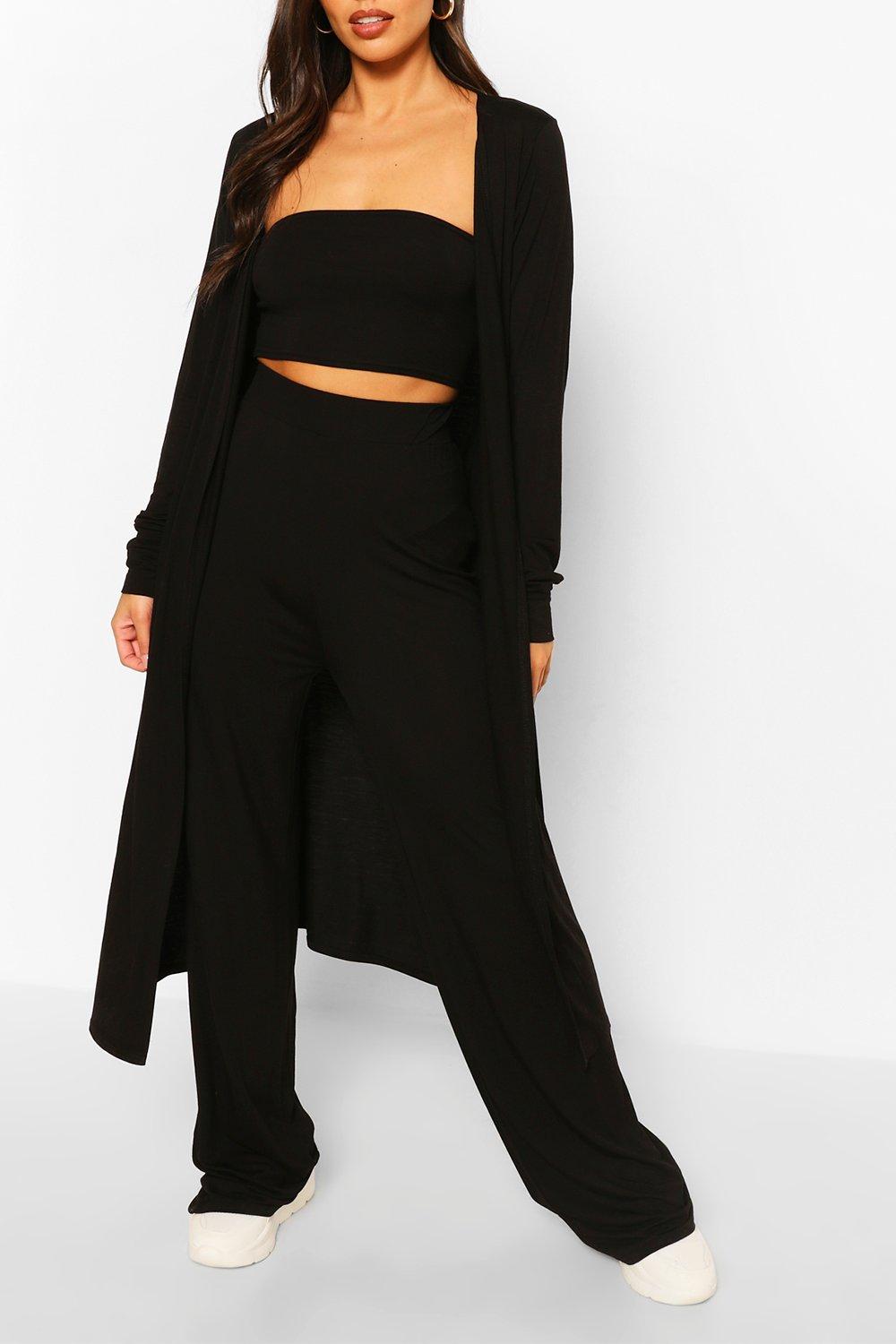 boohoo Womens 3 Piece Duster Bandeau & Trouser Co-Ord Set - Black - 8, Black
