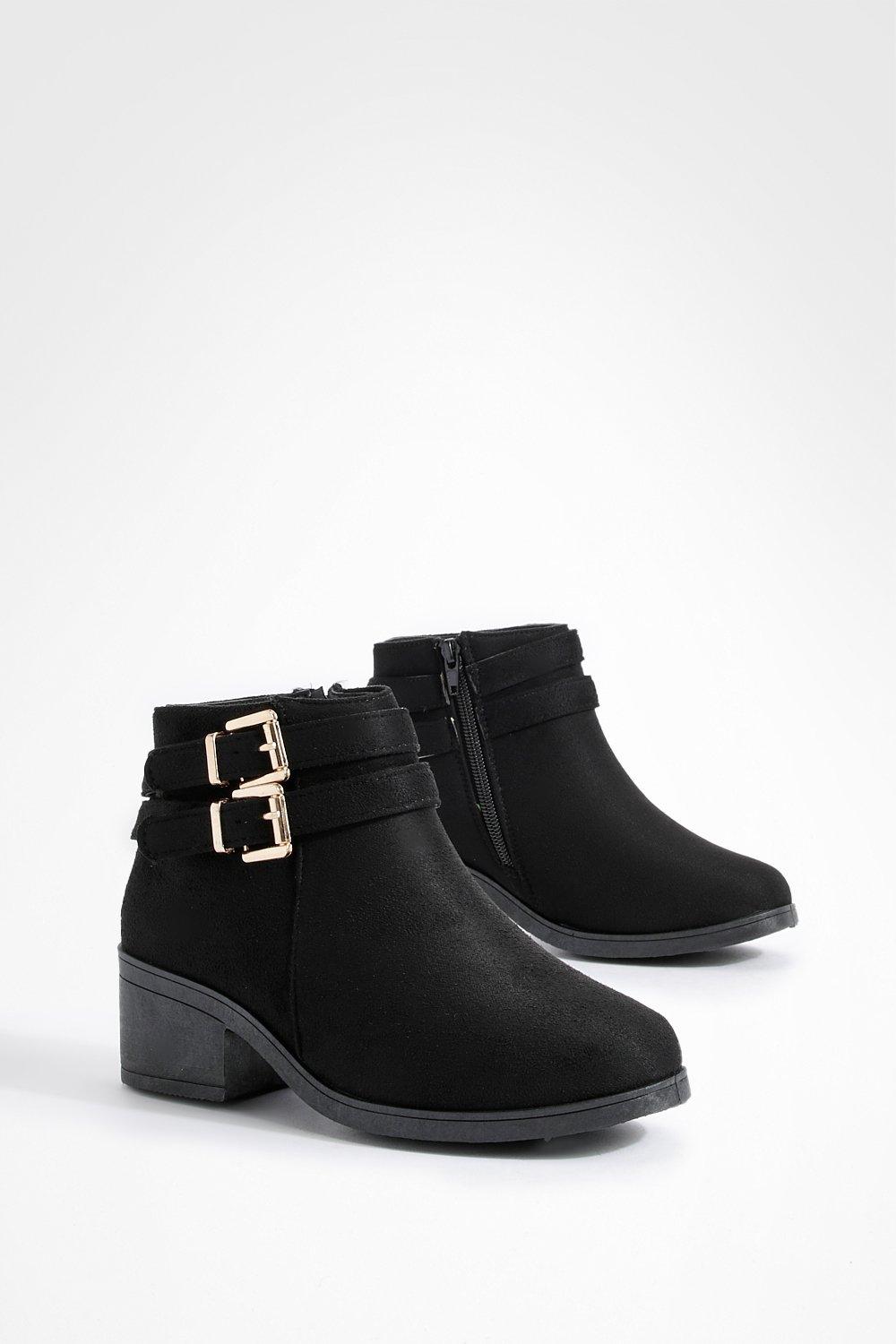 boohoo Womens Wide Fit Two Buckle Block Heel Chelsea Boots - Black - 5, Black