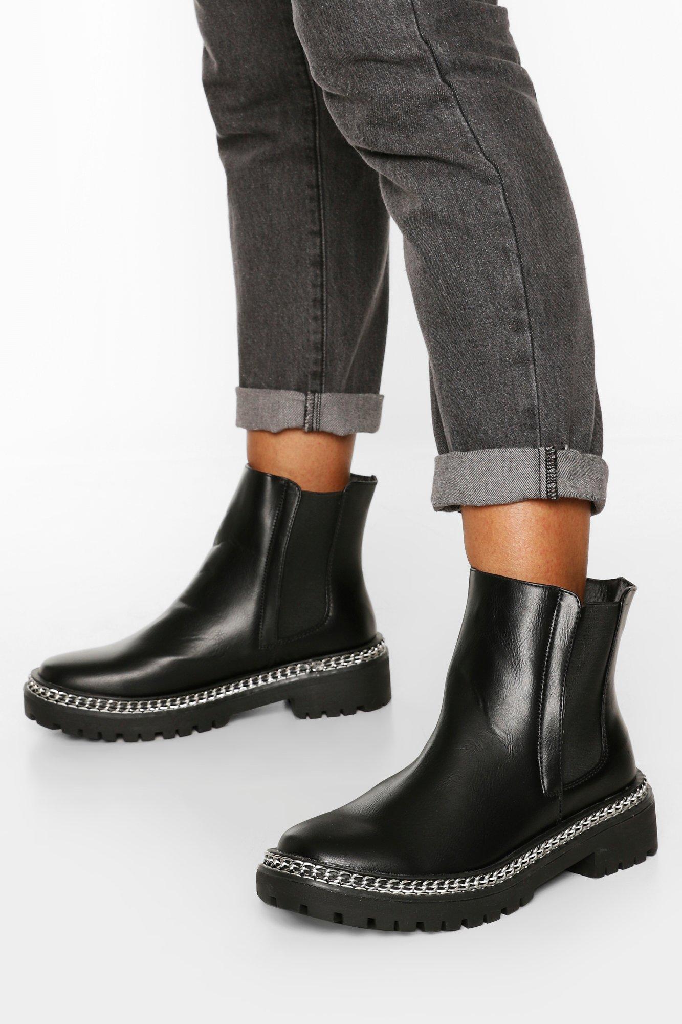 

Wide Fit Chain Detail Chunky Chelsea Boots, Black