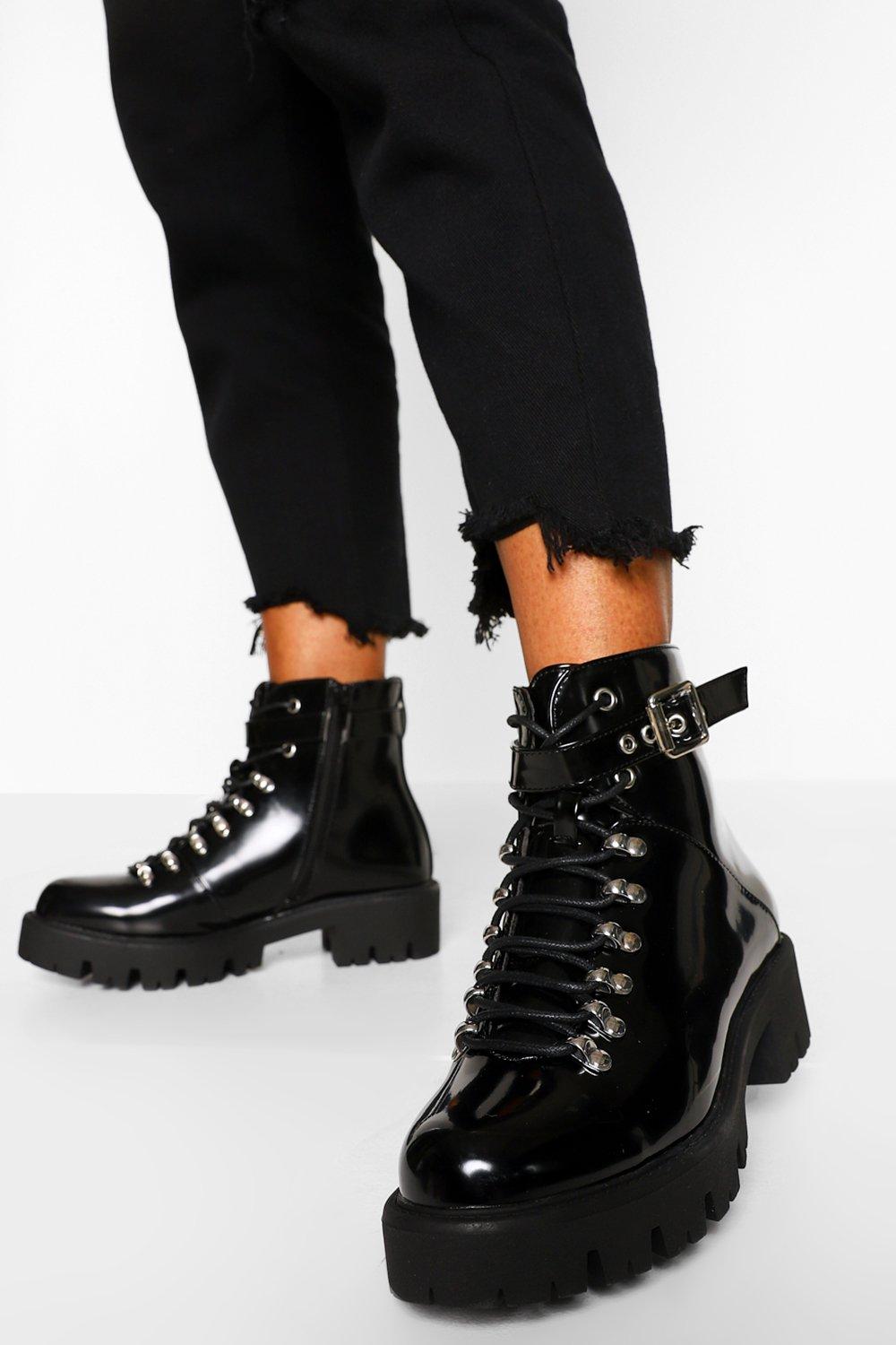 boohoo Womens Lace Up Chunky Hiker Boots - Black - 5, Black