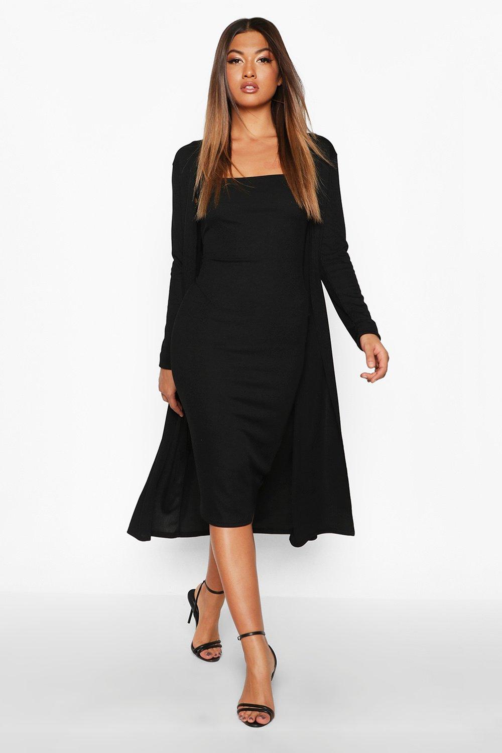 boohoo Womens Ribbed Midi Dress And Duster Set - Black - 16, Black