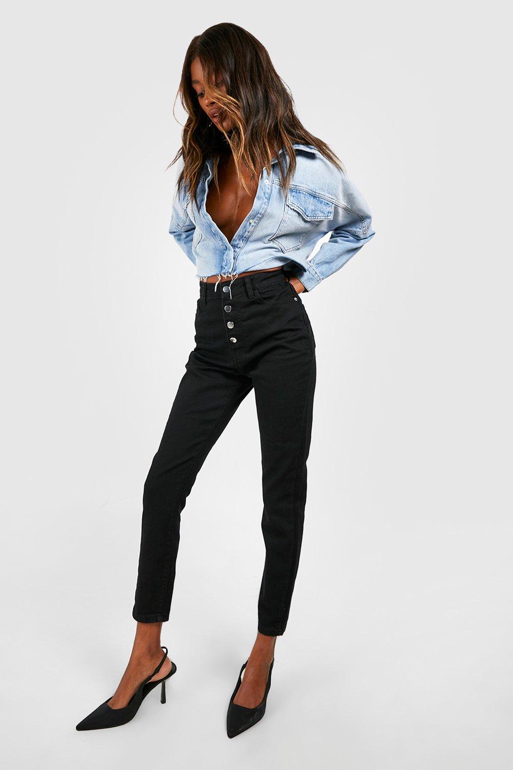 Boohoo Skinny Jeans Met Knopen En Hoge Taille, Zwart
