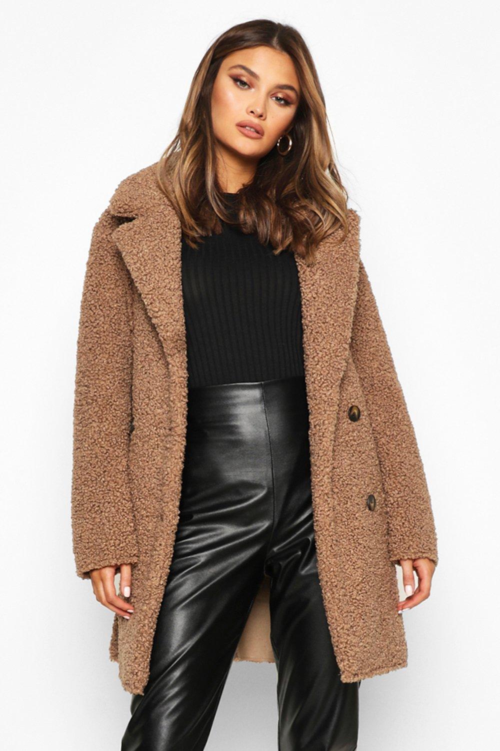 boohoo Womens Double Breasted Bonded Faux Fur Teddy Coat - Beige - 8, Beige