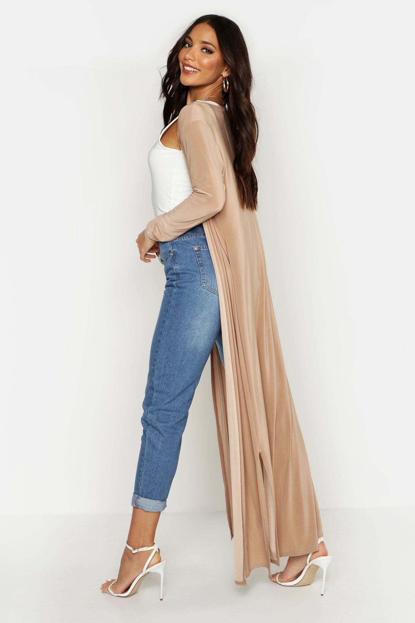 Boohoo Strakke Maxi Kimono Met Zijsplit, Camel