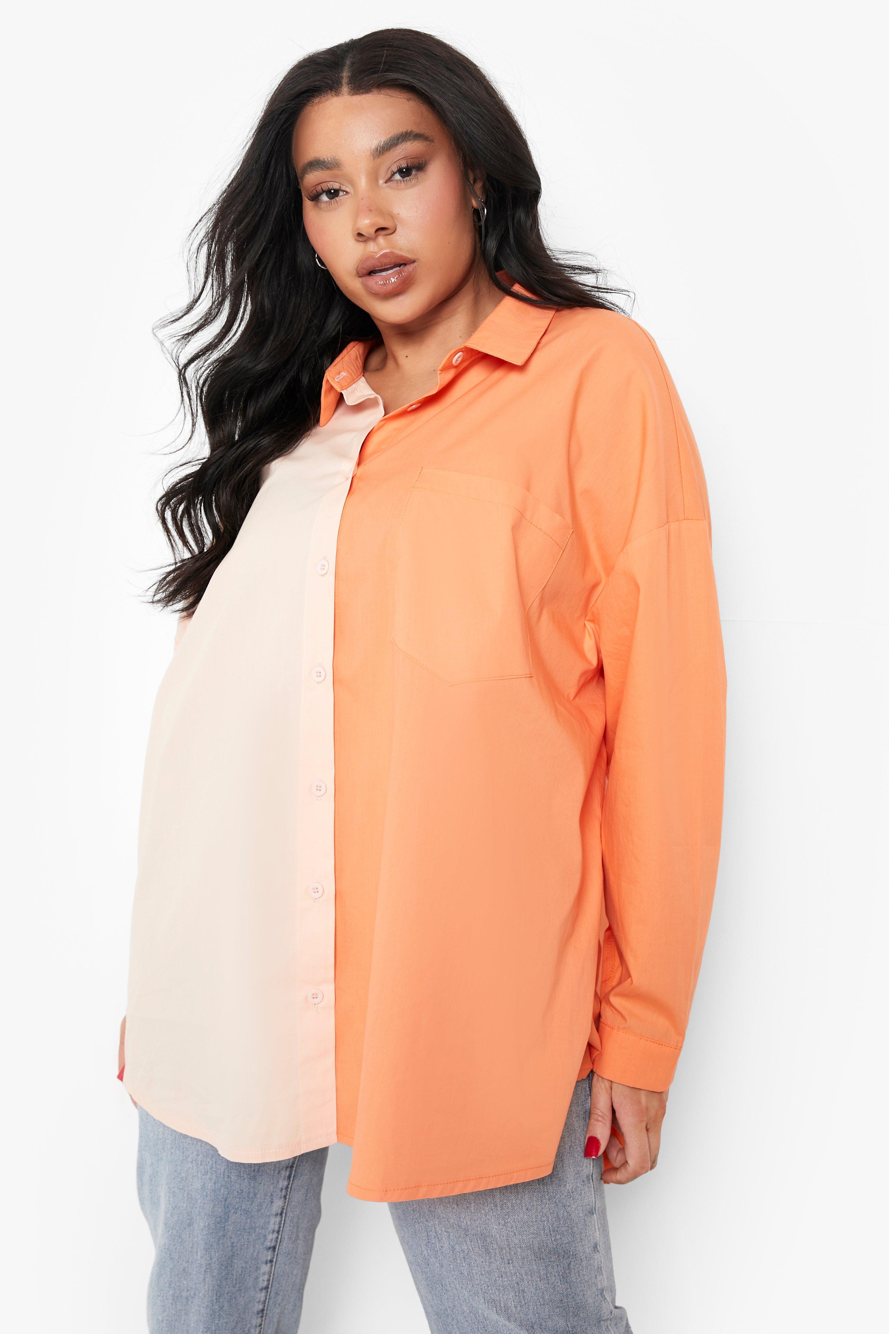 Plus - Oversize Skjorta I Boyfriendstil Med Blockfärger, Orange