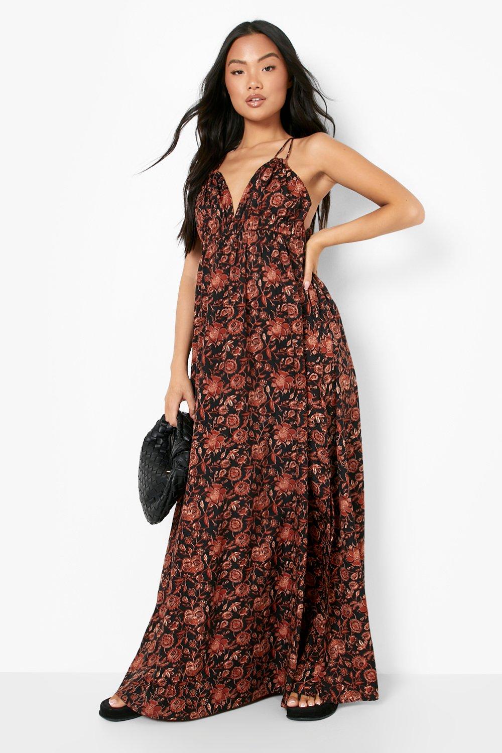 Boohoo Petite Paisley Strappy Ruched Maxi Dress, Black