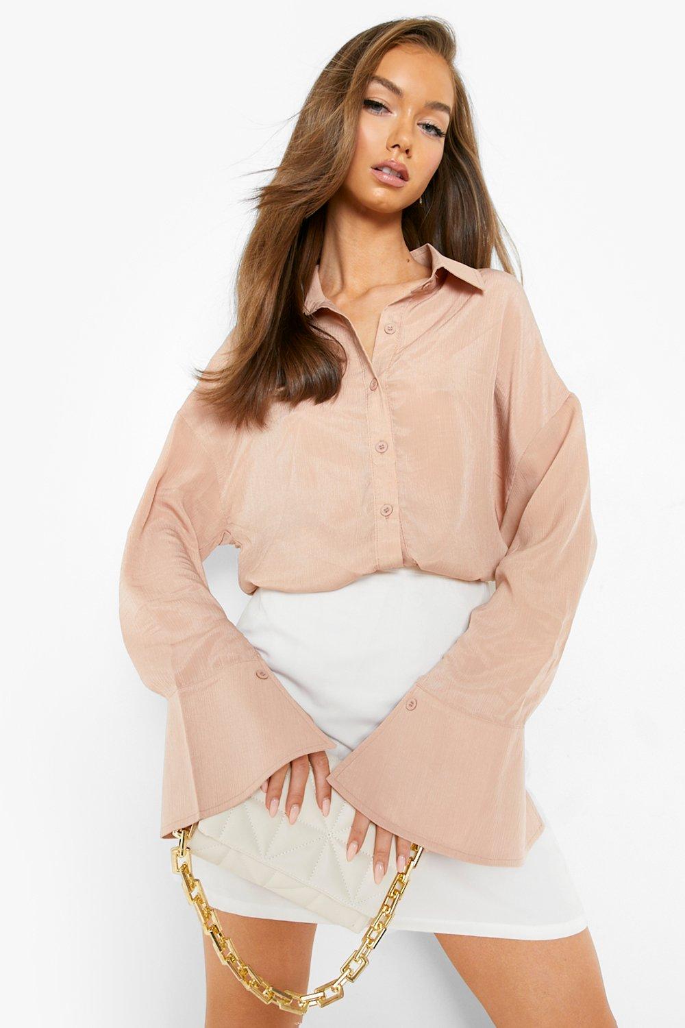 Boohoo Matte Satijnen Blouse Met Textuur En Wijde Mouwen, Nude