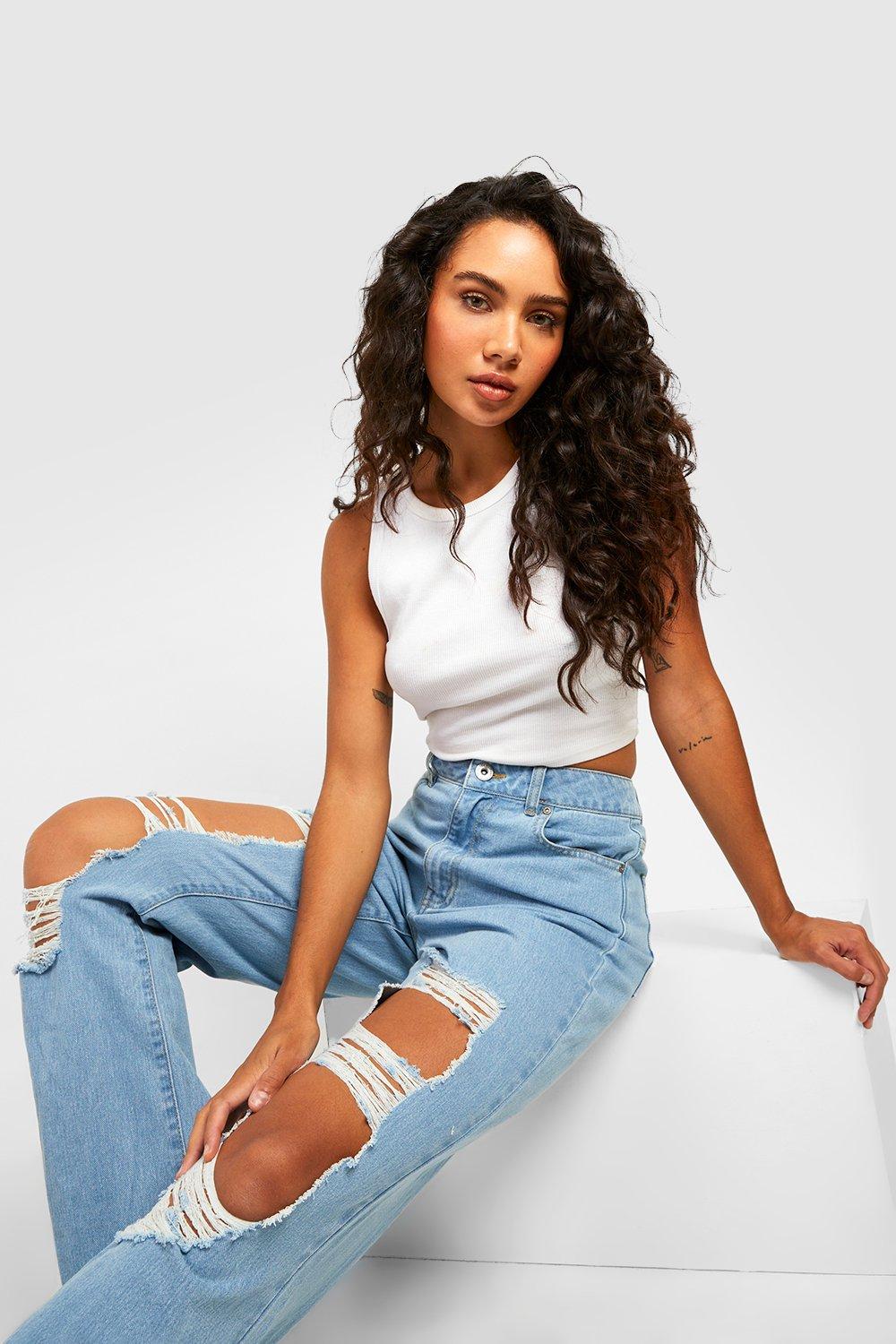 Boohoo Basic Versleten Gescheurde Low Rise Boyfriend Jeans, Light Wash