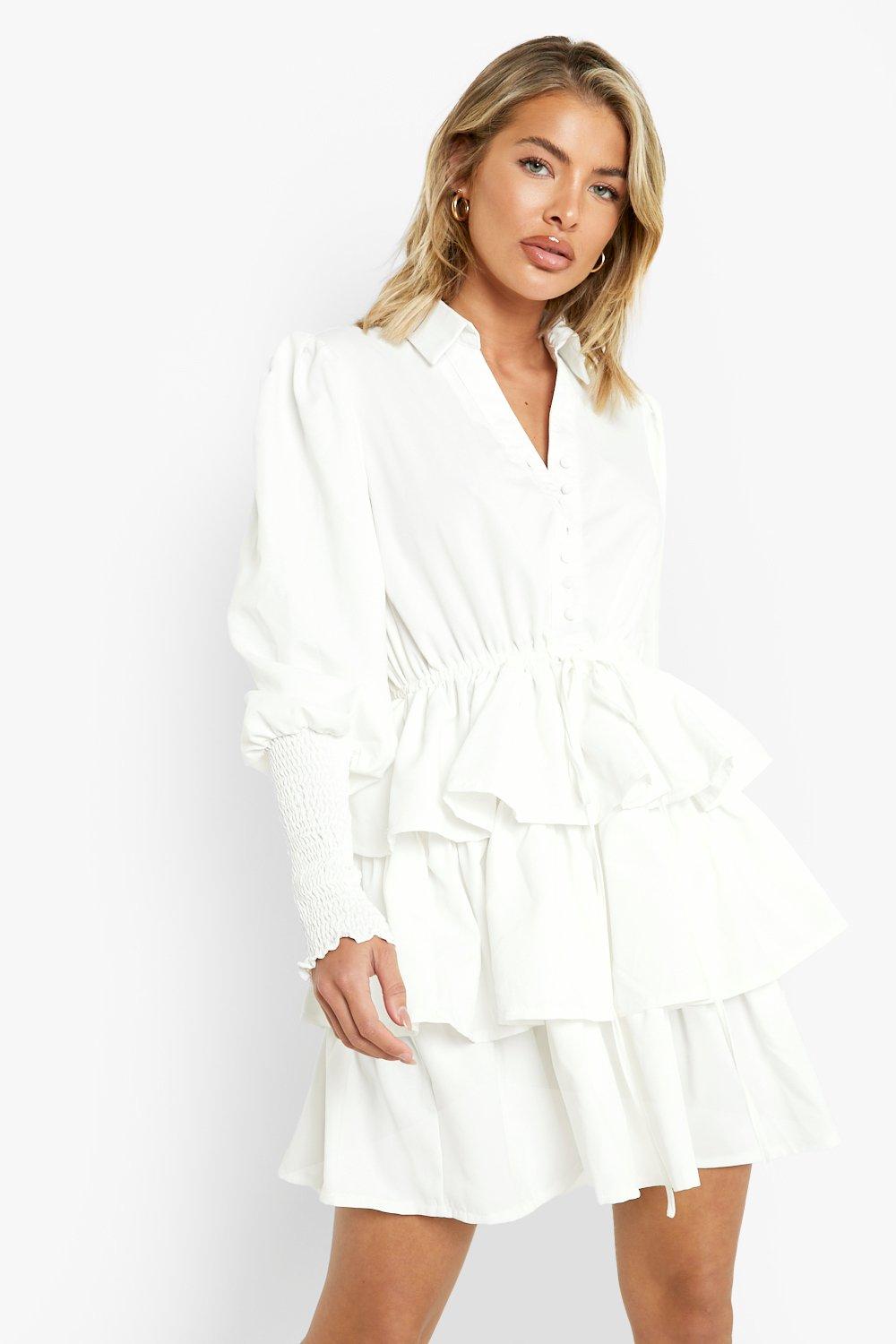 Skjortklänning Med Puffärm Och Volanger, White