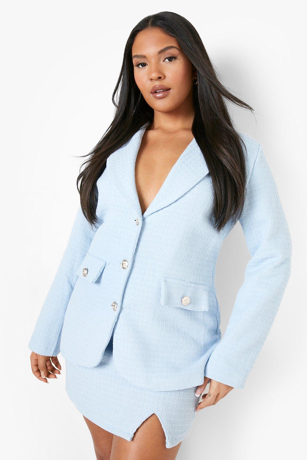 Plus Boucle Double Breasted Blazer, Baby Blue