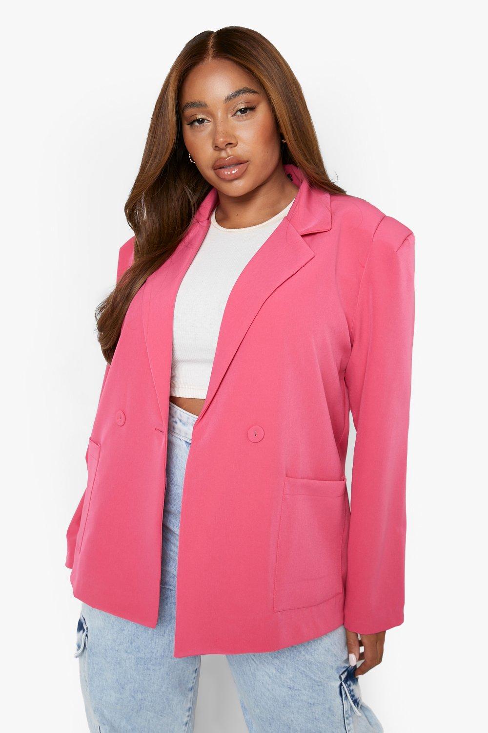 Plus Oversized Blazer Met Schoudervulling, Bright Pink