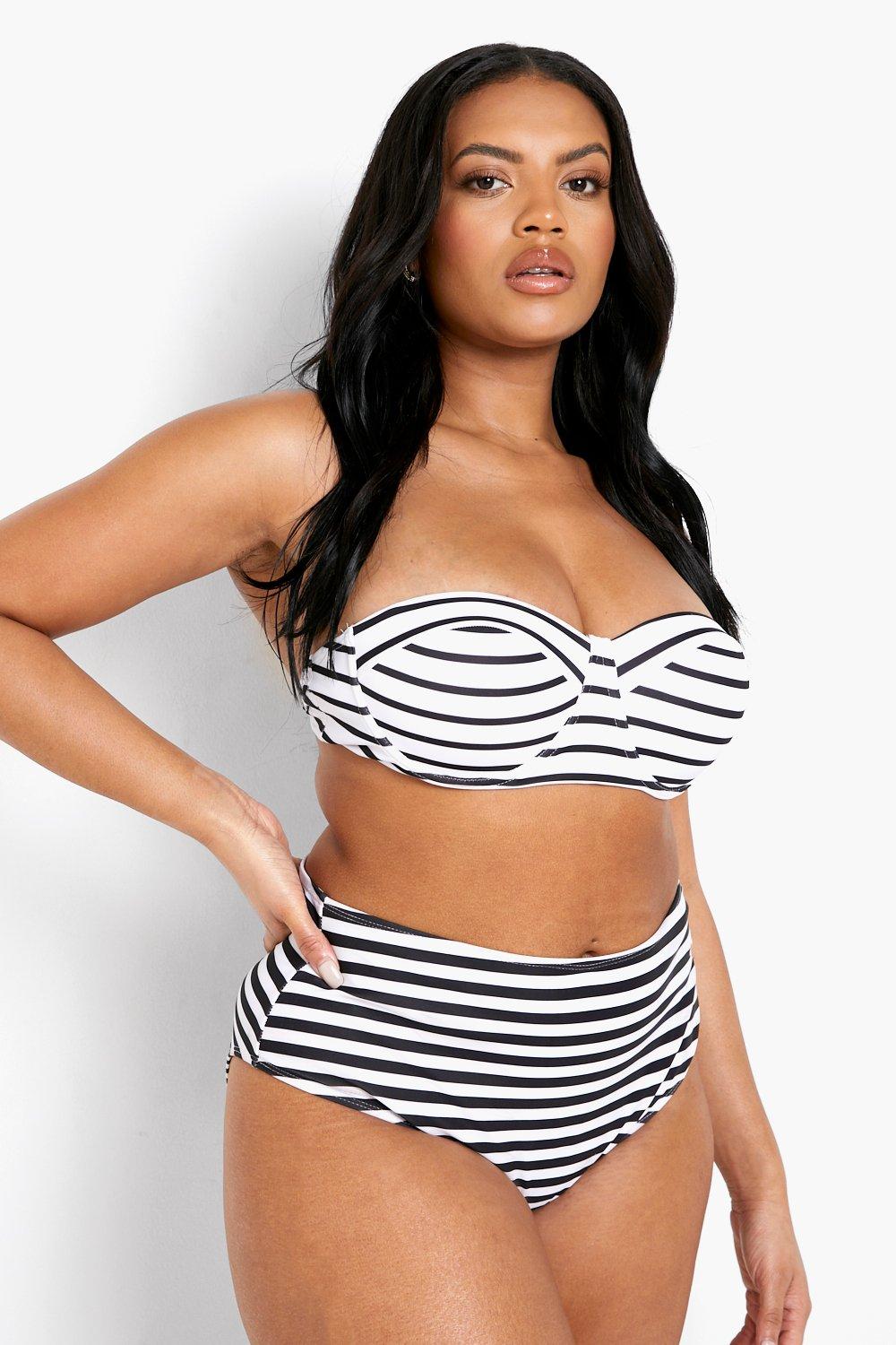 Image of Slip bikini Plus Size a vita alta a righe nautiche, Bianco