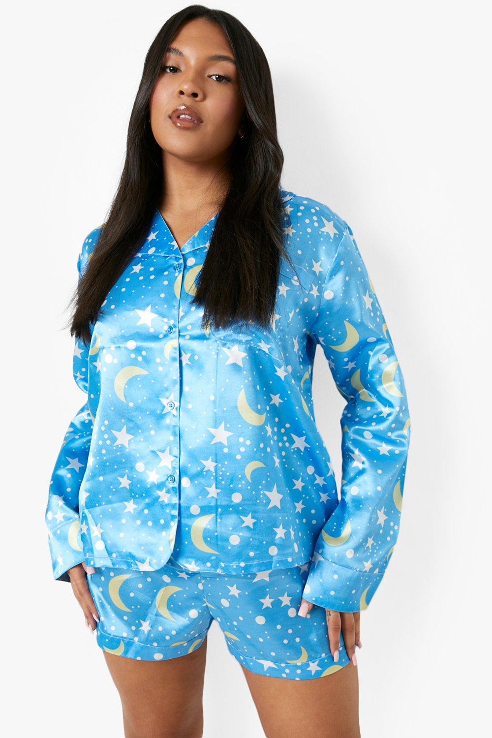 Plus - Långärmad Pajamas Med Shorts Och Stjärnor, Blue
