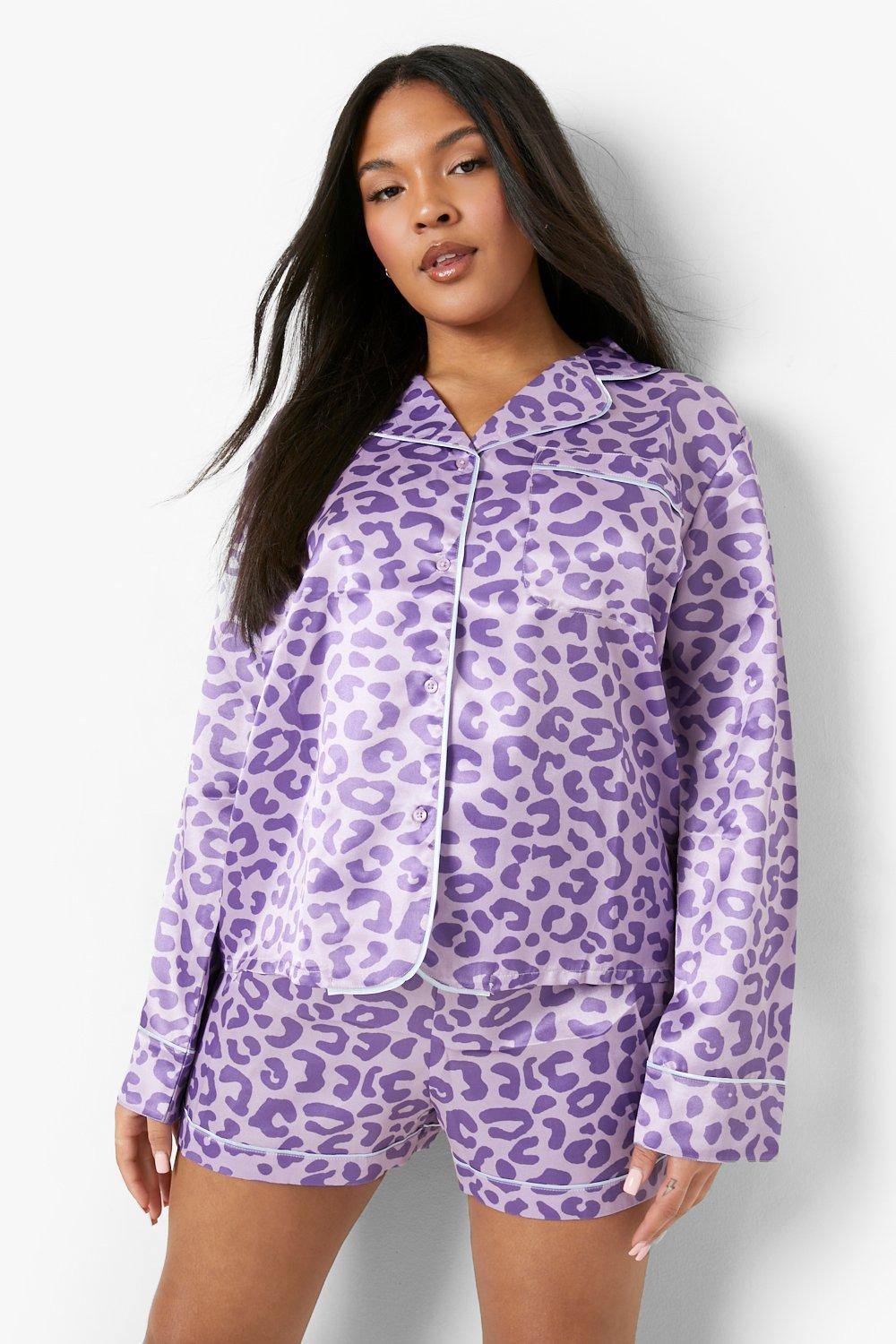 Plus - Leopardmönstrad Pajamas Med Shorts, Purple
