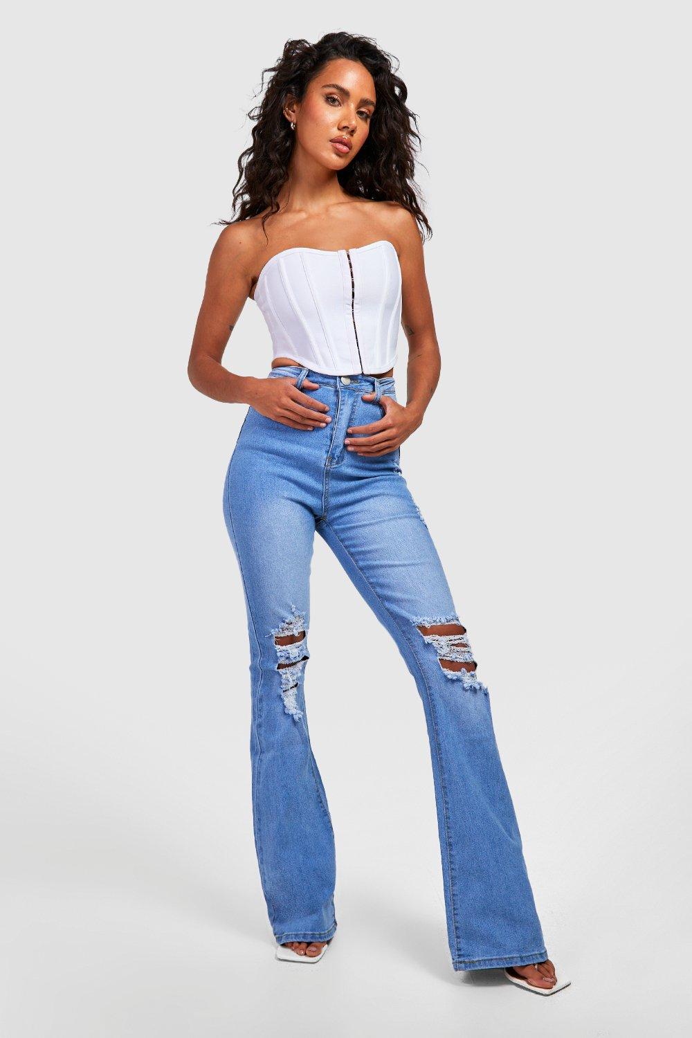 Boohoo Gescheurde Basic High Rise Jeans Met Wijde Pijpen, Stonewash