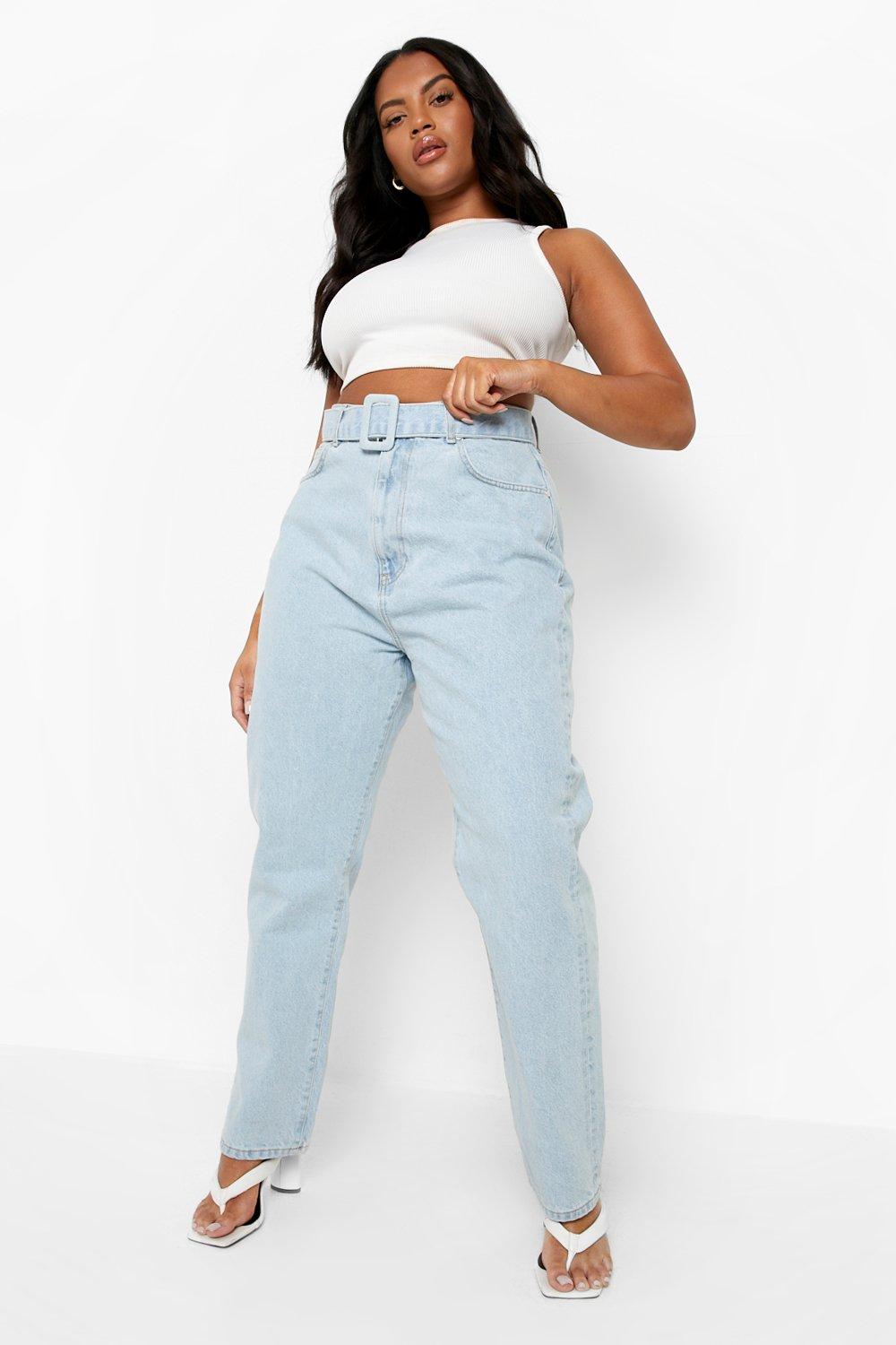 Boohoo Plus Self Fabric Buckle Belted Tapered Jean, Light Wash
