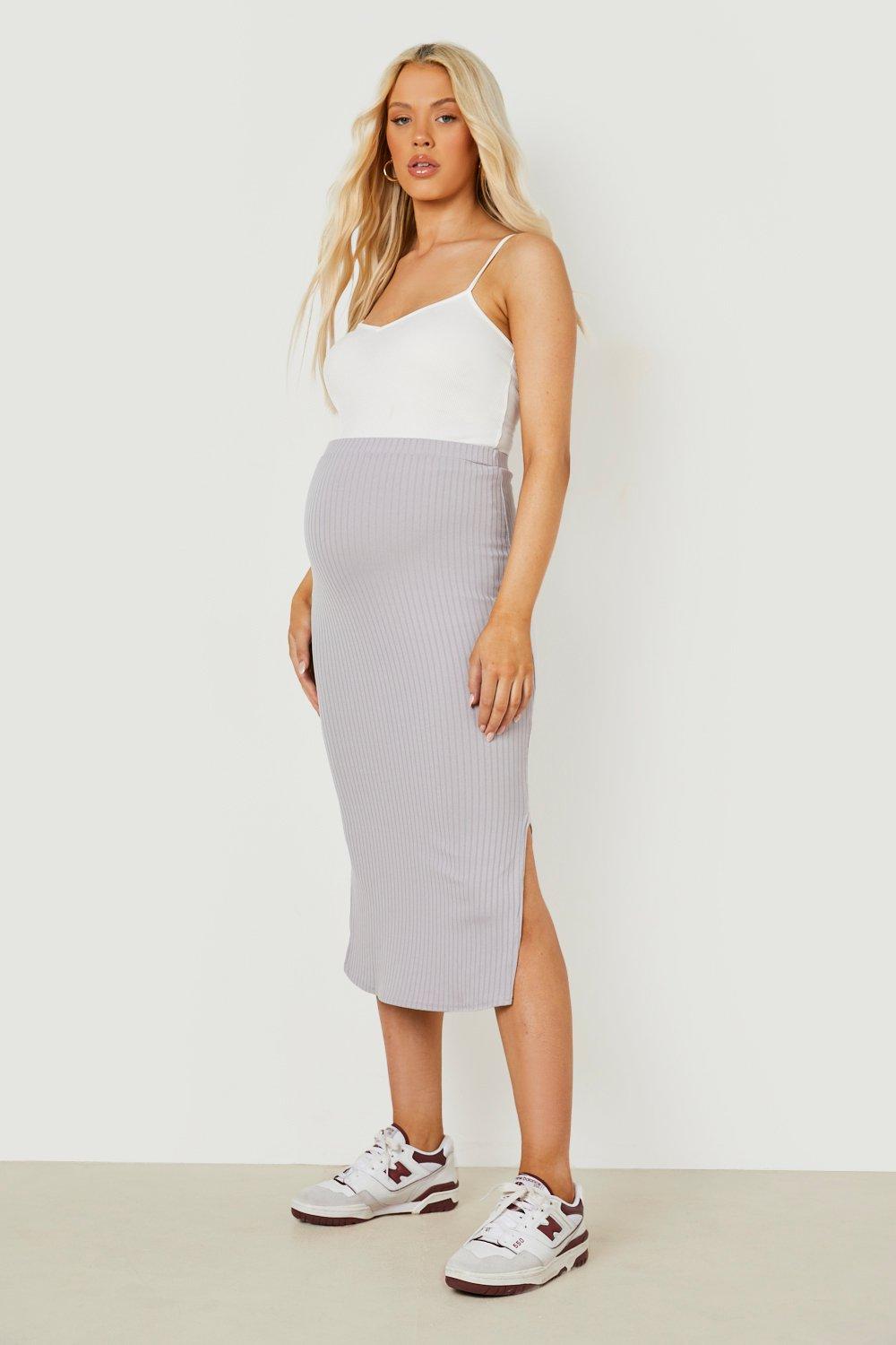 Boohoo Zwangerschap Geribbelde Midi Rok Met Split, Grey