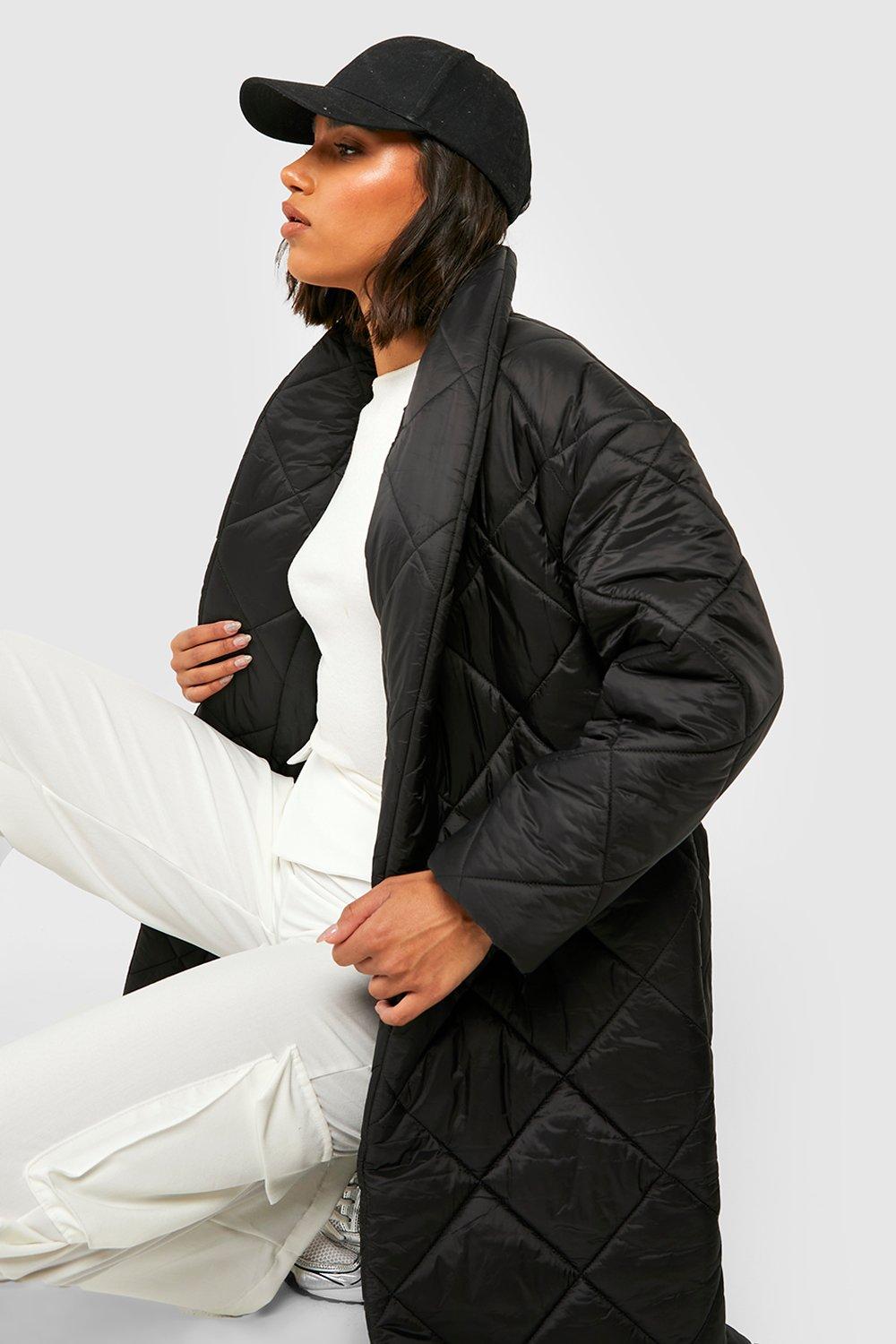 Womens Diamond Quilted Belted Duvet Puffer Jacket - Black - 10, Black