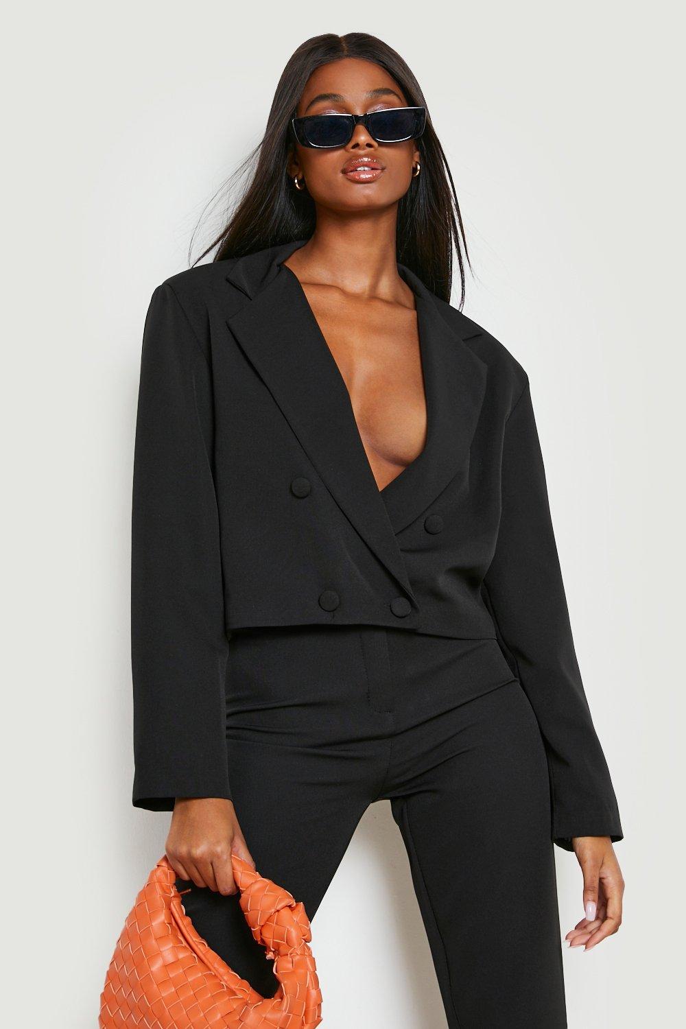 Cropped Double Breasted Tailored Blazer, Black