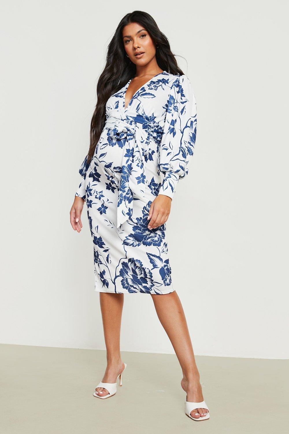 Boohoo Zwangerschap Porselein Print Midi Jurk Met Ceintuur, Blue