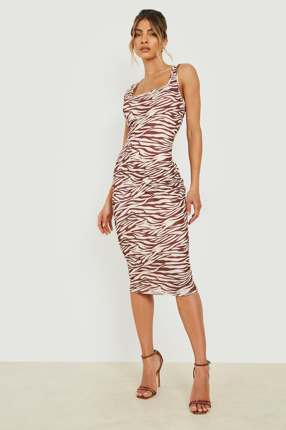 Boohoo Zebra Strappy Scoop Neck Midi Dress, Brown