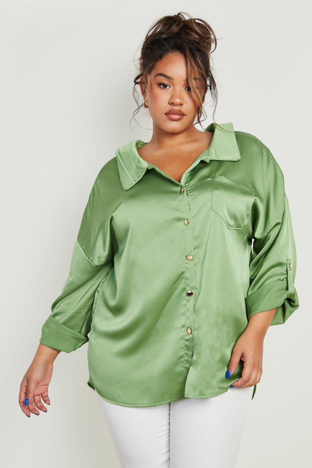 Plus Satin Chain Detail Oversized Shirt, Green