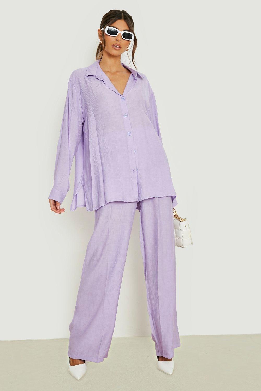 Image of Camicia effetto lino goffrato in taglio rilassato, Purple