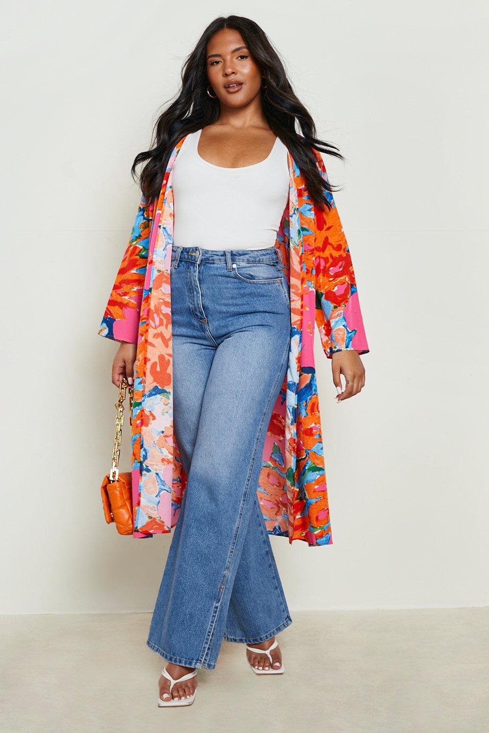 Boohoo Plus Geweven Bloemen Midi Kimono, Orange