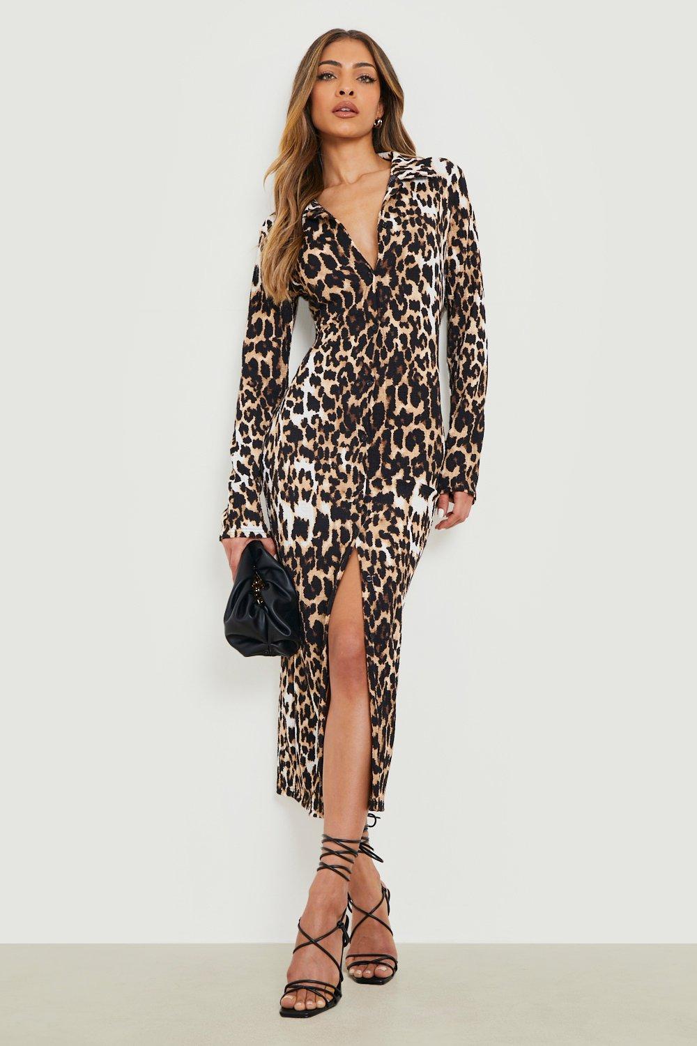 Boohoo Luipaardprint Midaxi Blouse Jurk Met Textuur, Brown