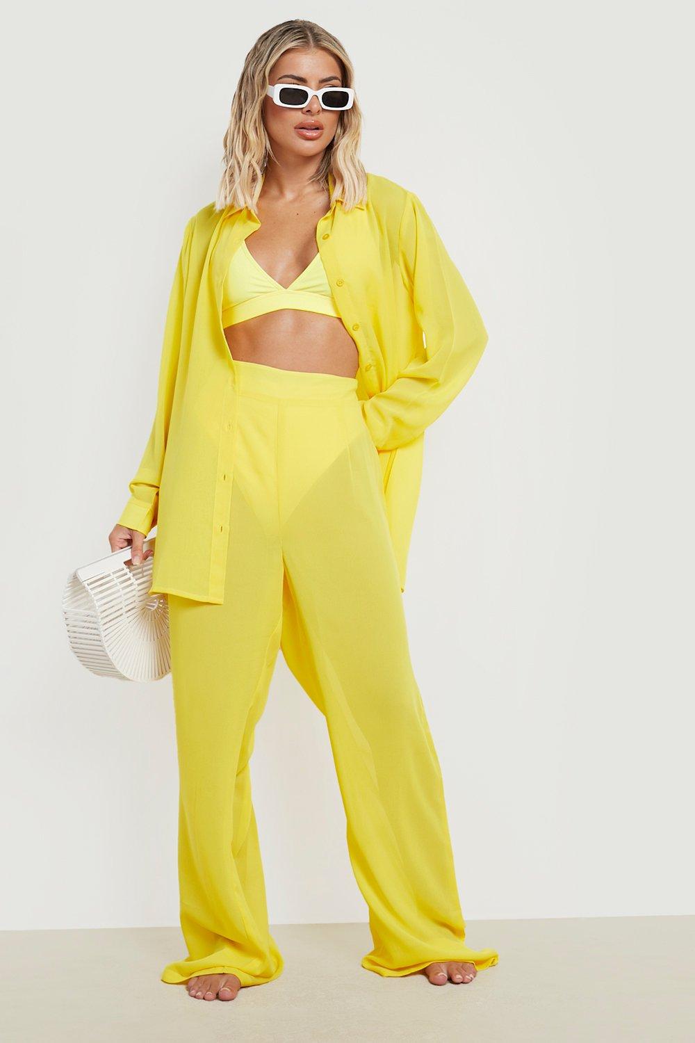 Image of Pantaloni da mare a gamba ampia in chiffon, Giallo