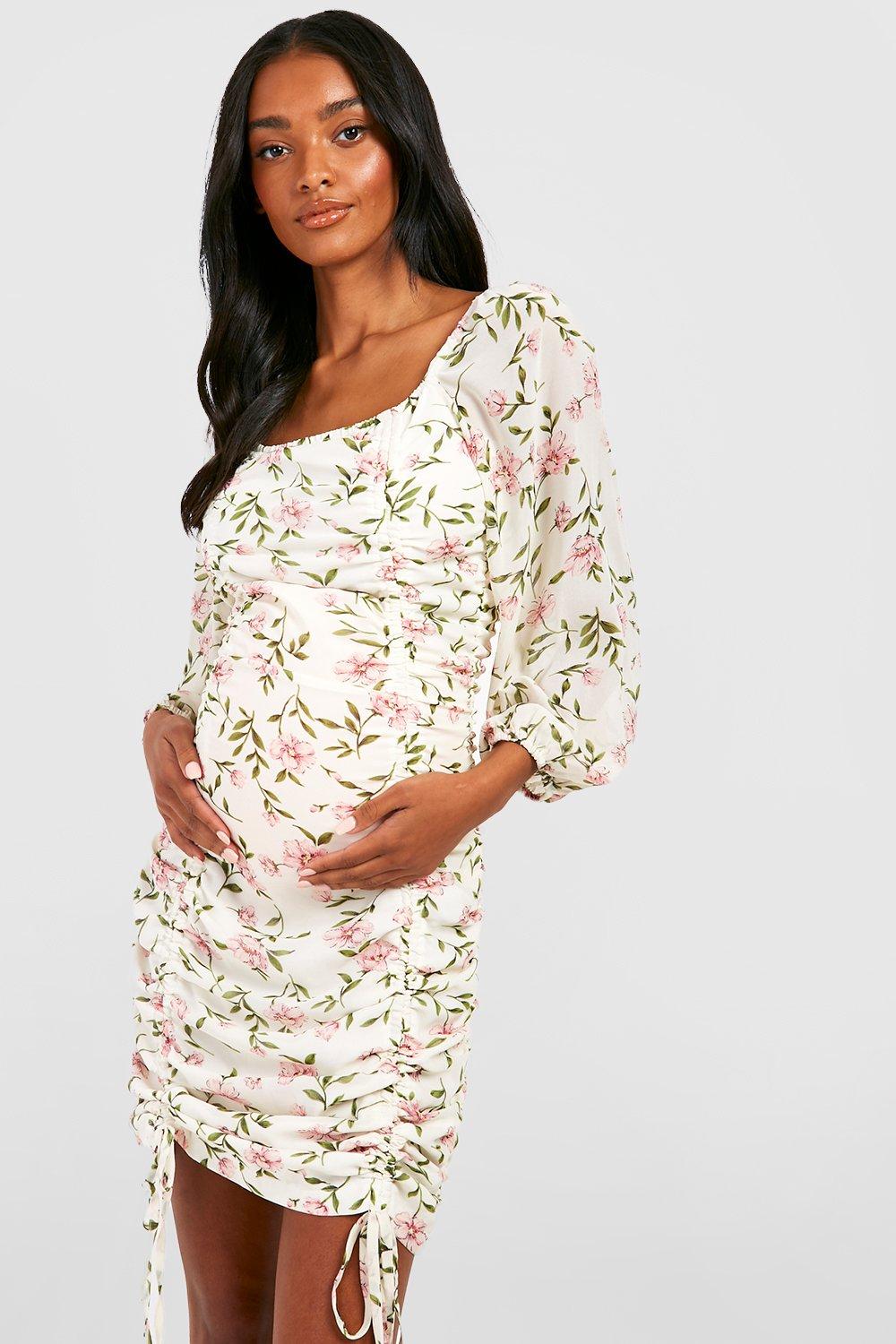 Mammakläder - Blommig Miniklänning Med Knytdetalj, White