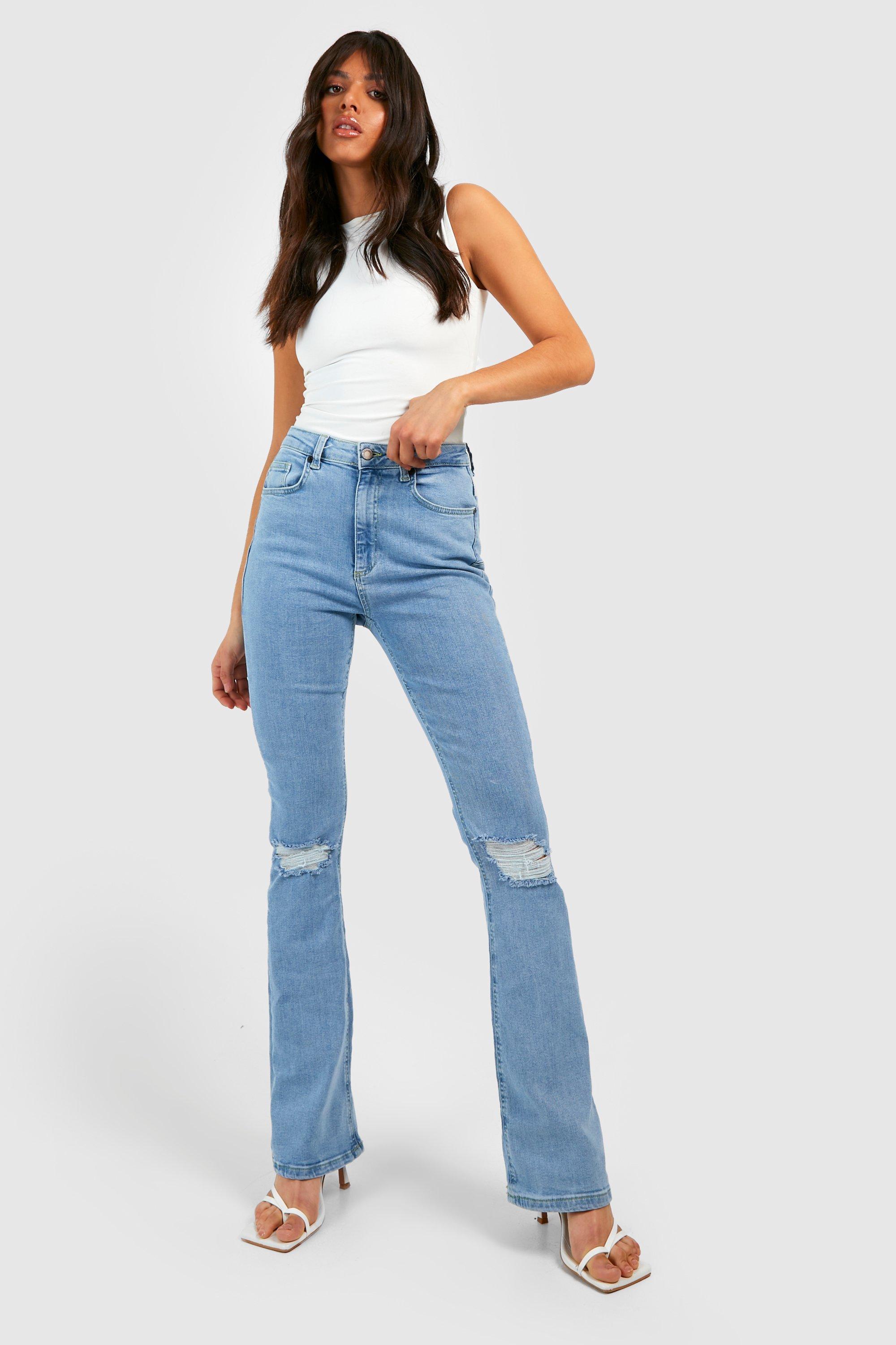 Gescheurde Flared Mid Rise Booty Boost Jeans, Washed Blue