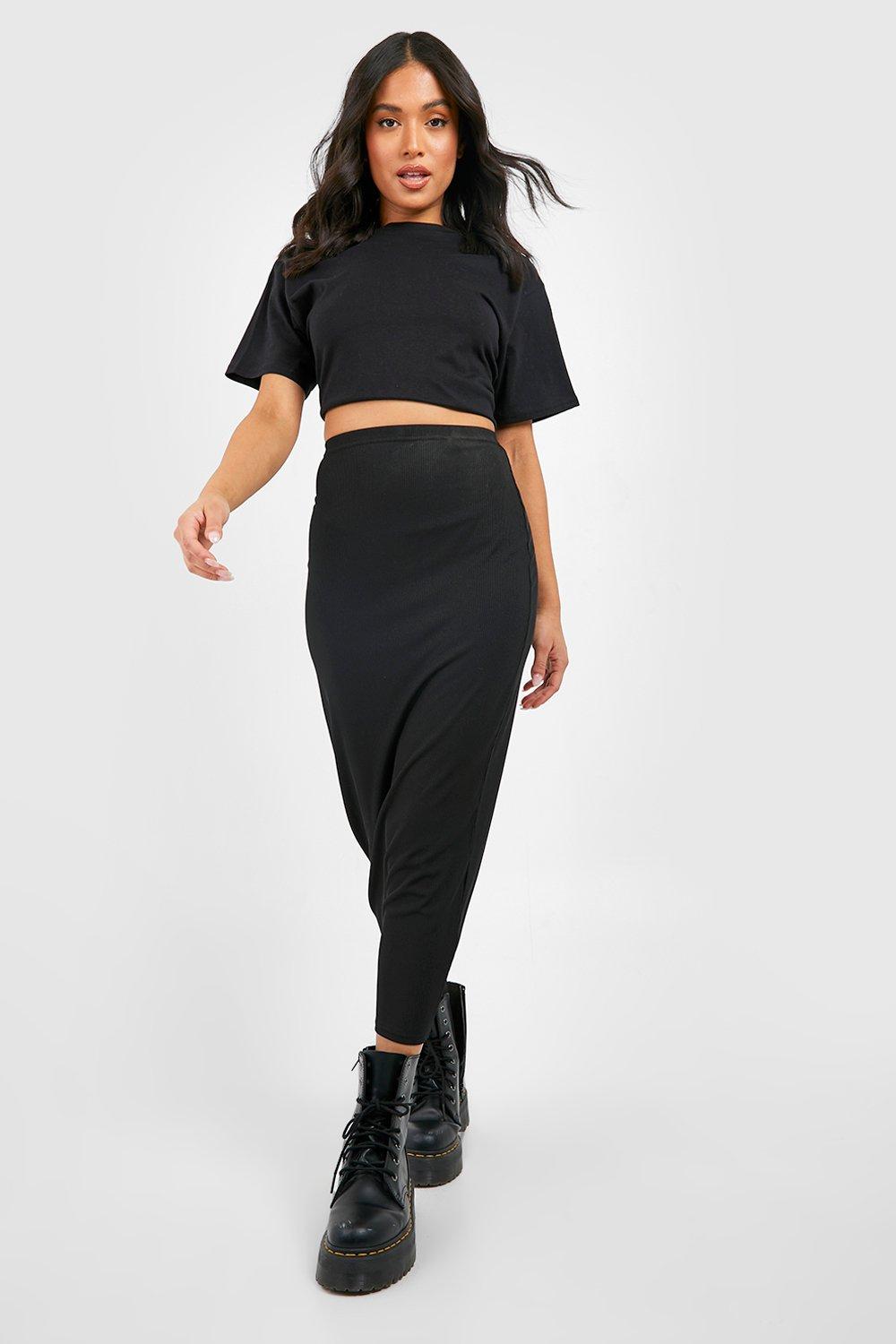 Petite Basic Midi Jersey Tube Skirt, Black