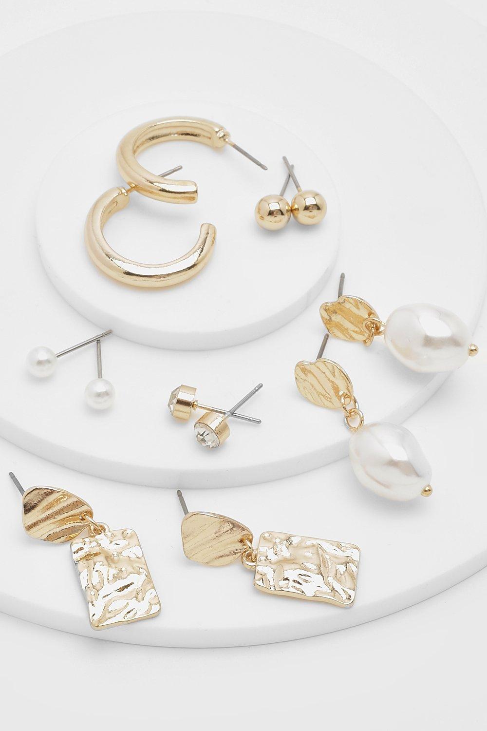 Image of Orecchini color oro martellati e con finte perle - set di 6 paia, Bianco