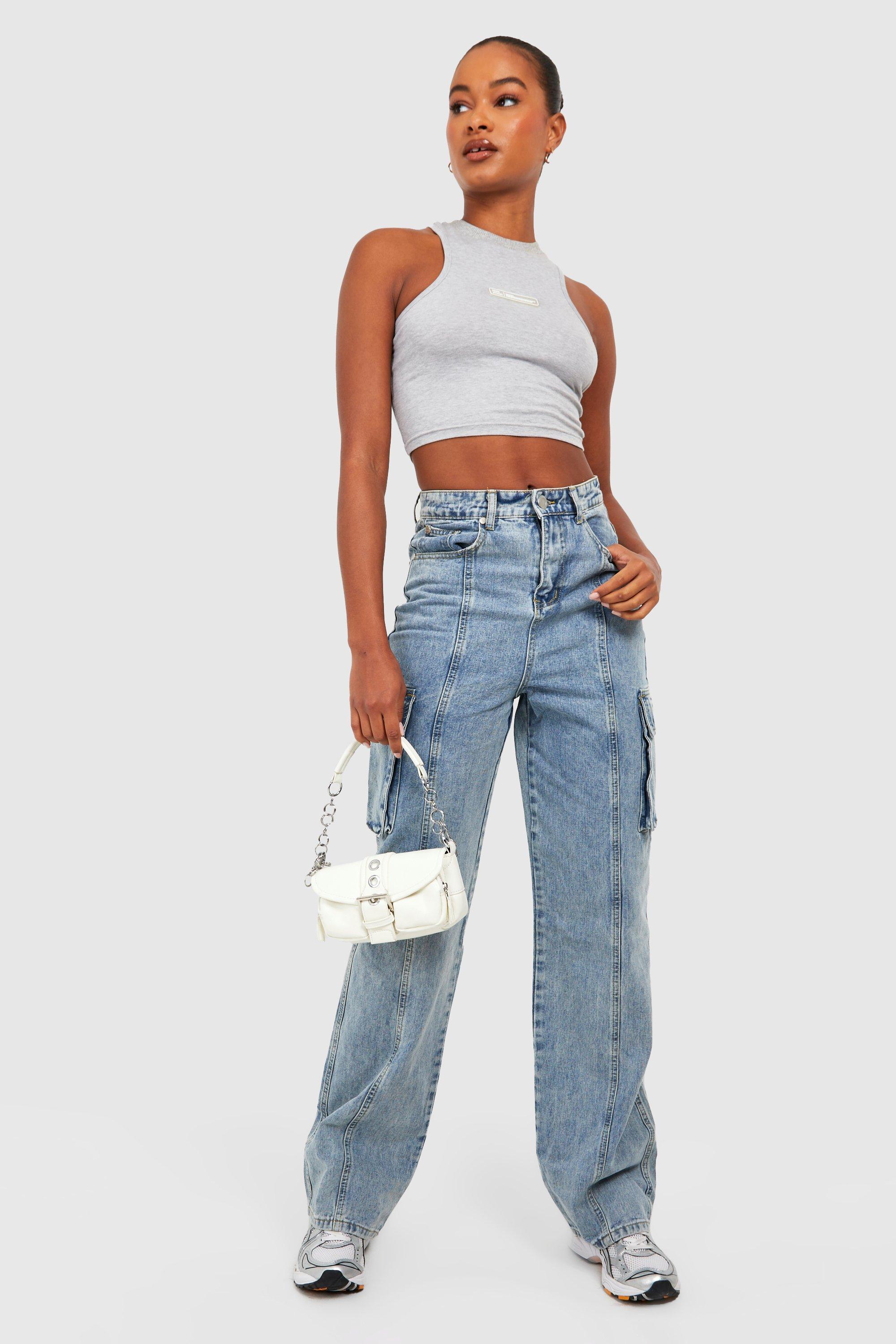 Boohoo Tall Acid Wash Gebleekte Cargo Jeans Met Zak Detail, Acid Wash Light Blue