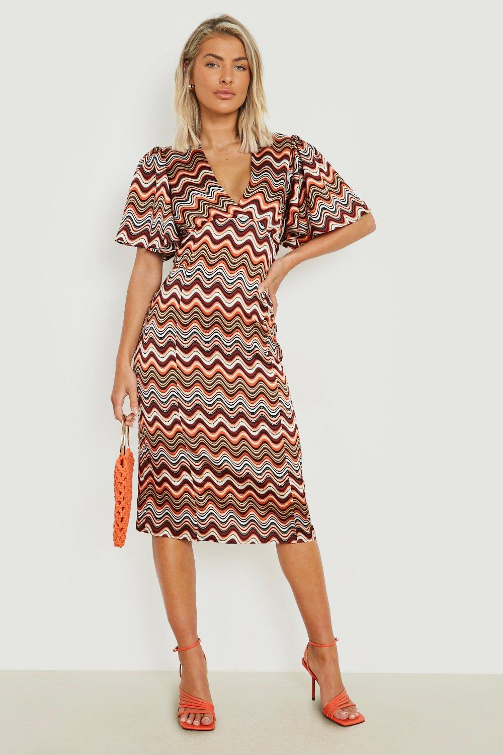 Boohoo Zig Zag Print Midi Jurk, Rust