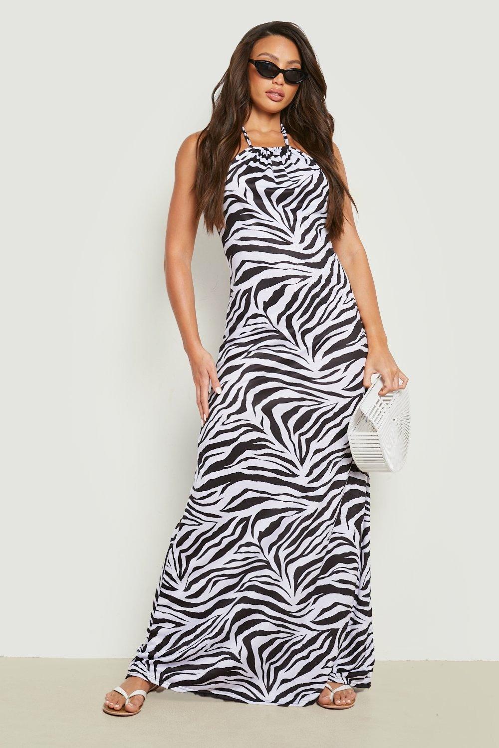 Boohoo Tall Zebra Halter Neck Maxi Dress, Black