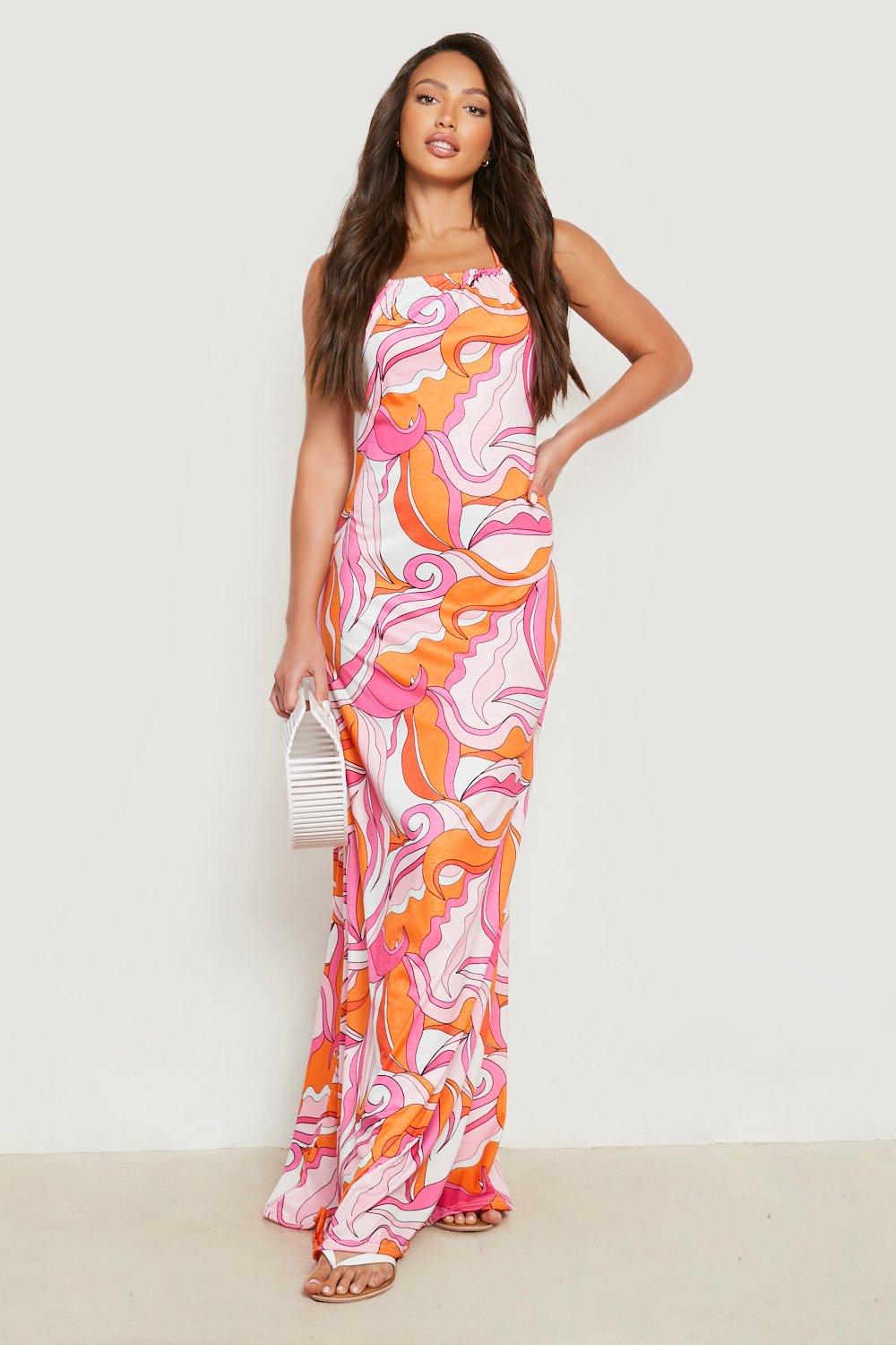 Boohoo Tall Swirl Print Halter Neck Maxi Dress, Pink