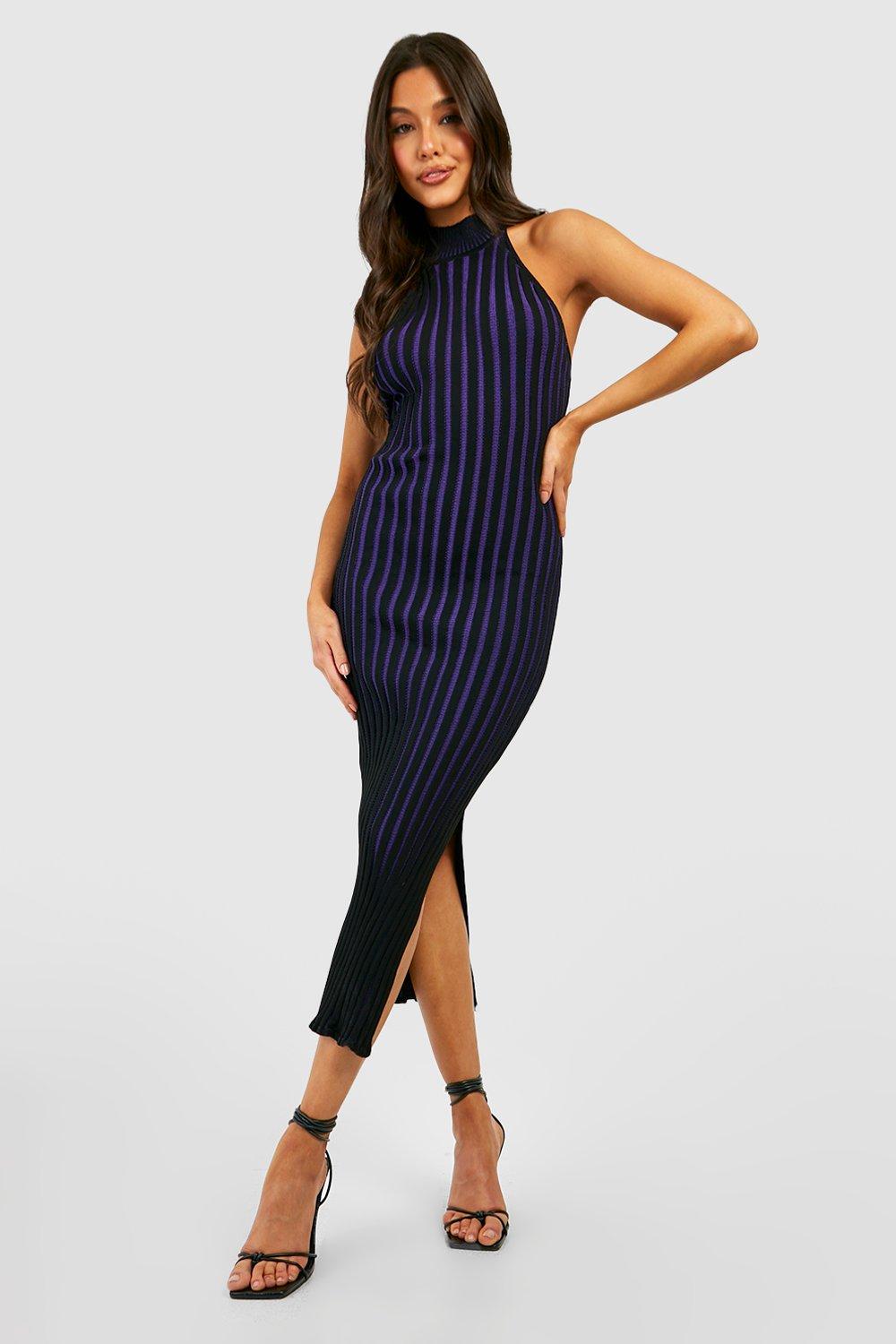 Boohoo Contrasterende Geribbelde Gebreide Two Tone Midaxi Jurk, Purple