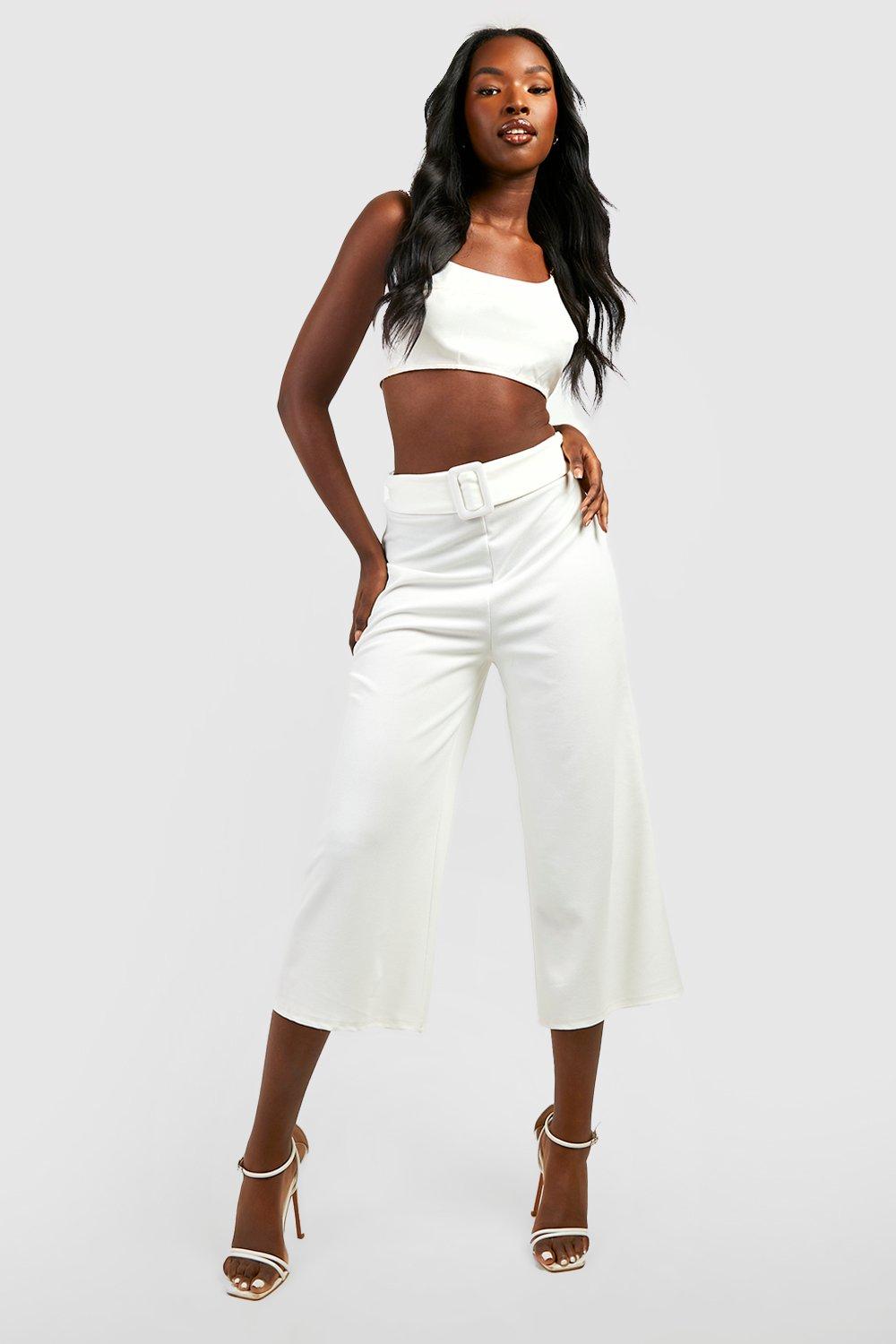 Boohoo High Waist Culotte Broek Met Ceintuur En Gesp, White