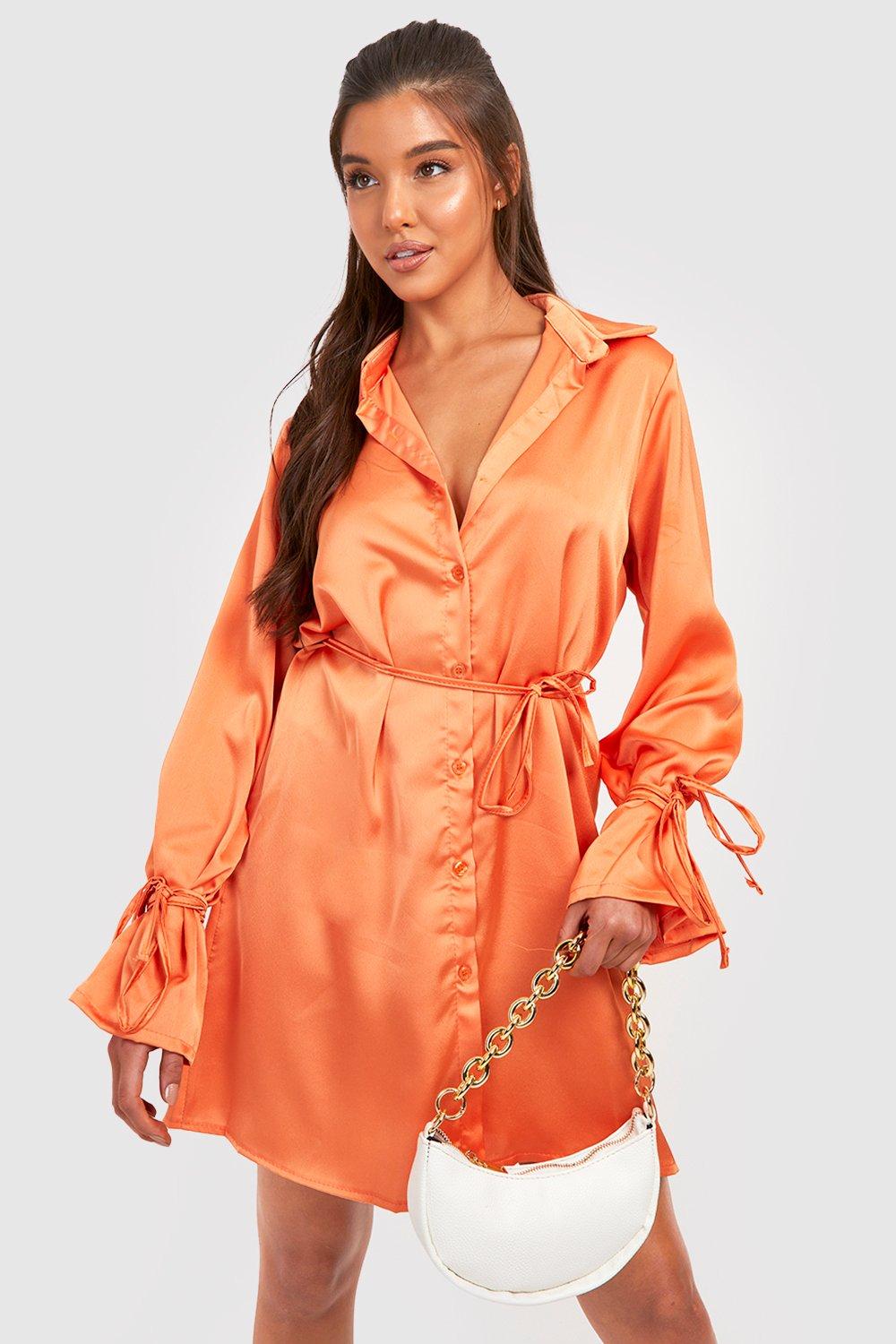 Skjortklänning I Satin Med Knytdetaljer, Orange