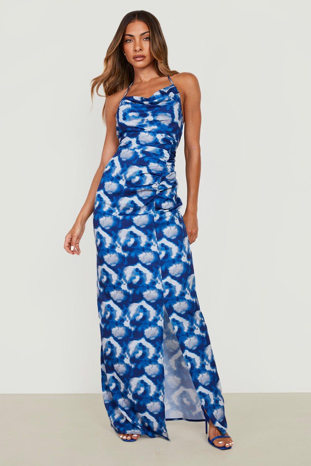 Batikmönstrad Slipklänning Med Rynkade Detaljer, Blue