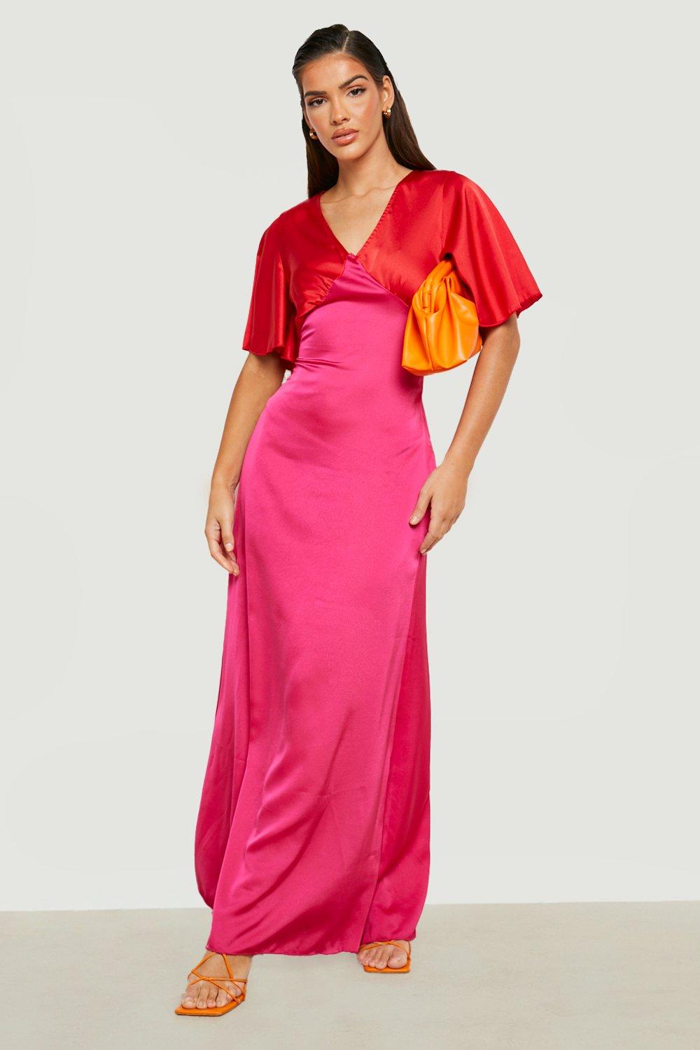 Midiklänning Med Blockfärger Och Vid Ärm, Pink