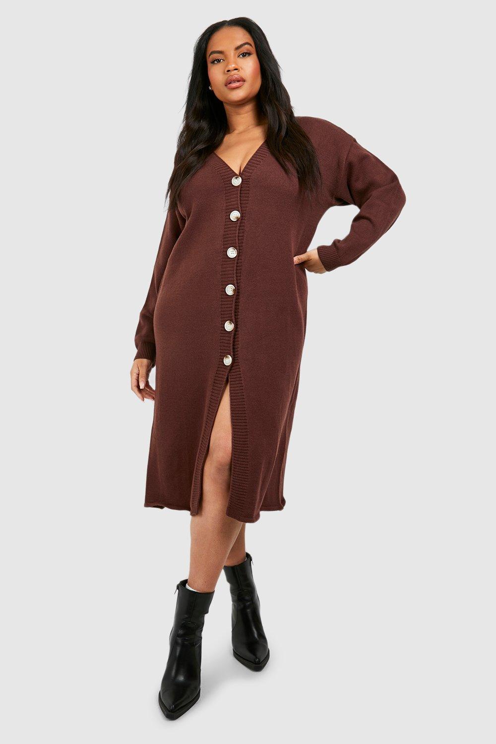 Womens Plus Knitted Midi Cardigan Dress - Brown - 12-14