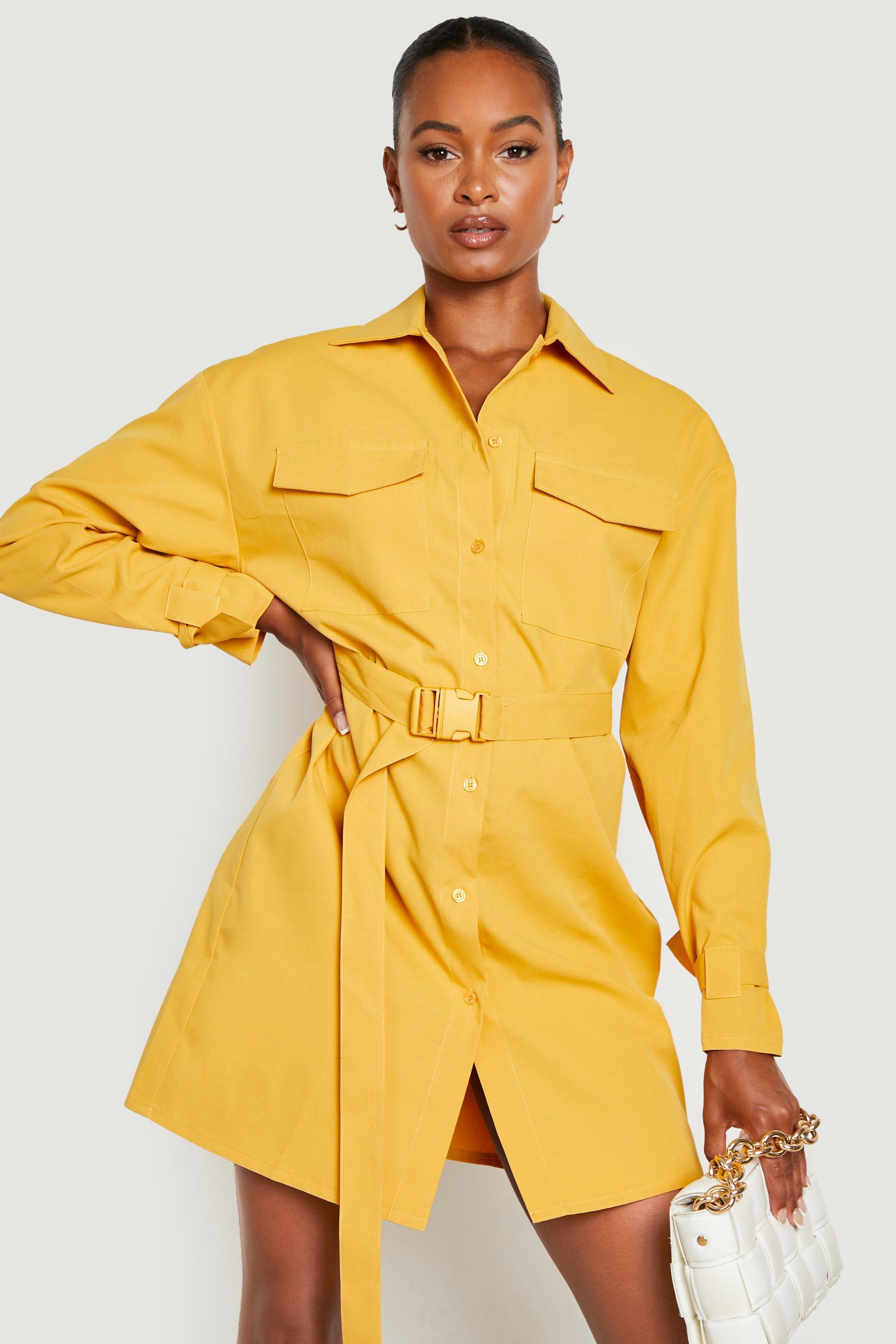 Tall - Skjortklänning Med Utilityfickor, Yellow