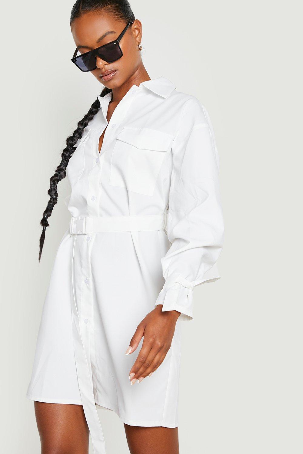 Tall - Skjortklänning Med Utilityfickor, White
