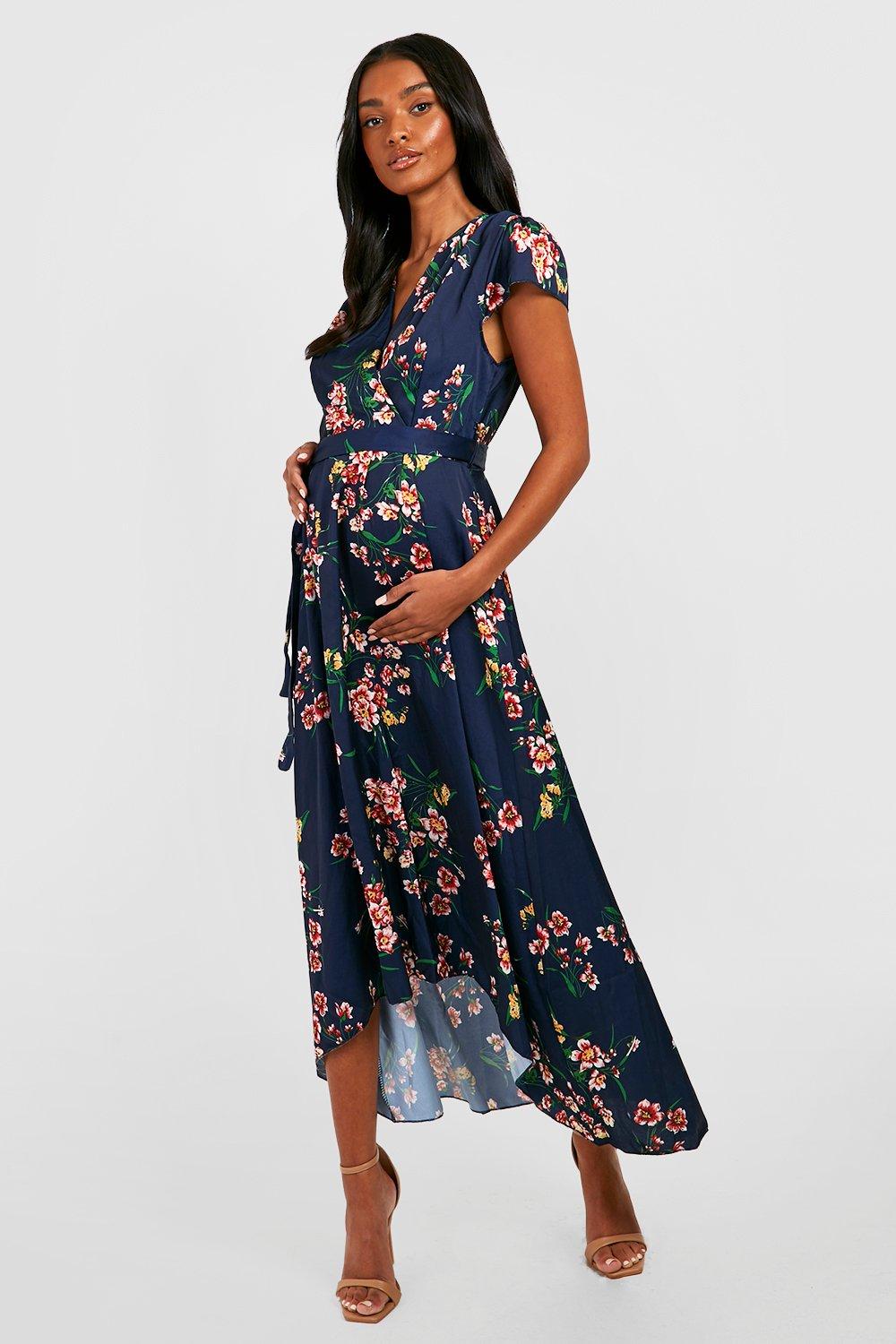 Mammakläder - Blommig Midaxiklänning Med Knytskärp, Blue
